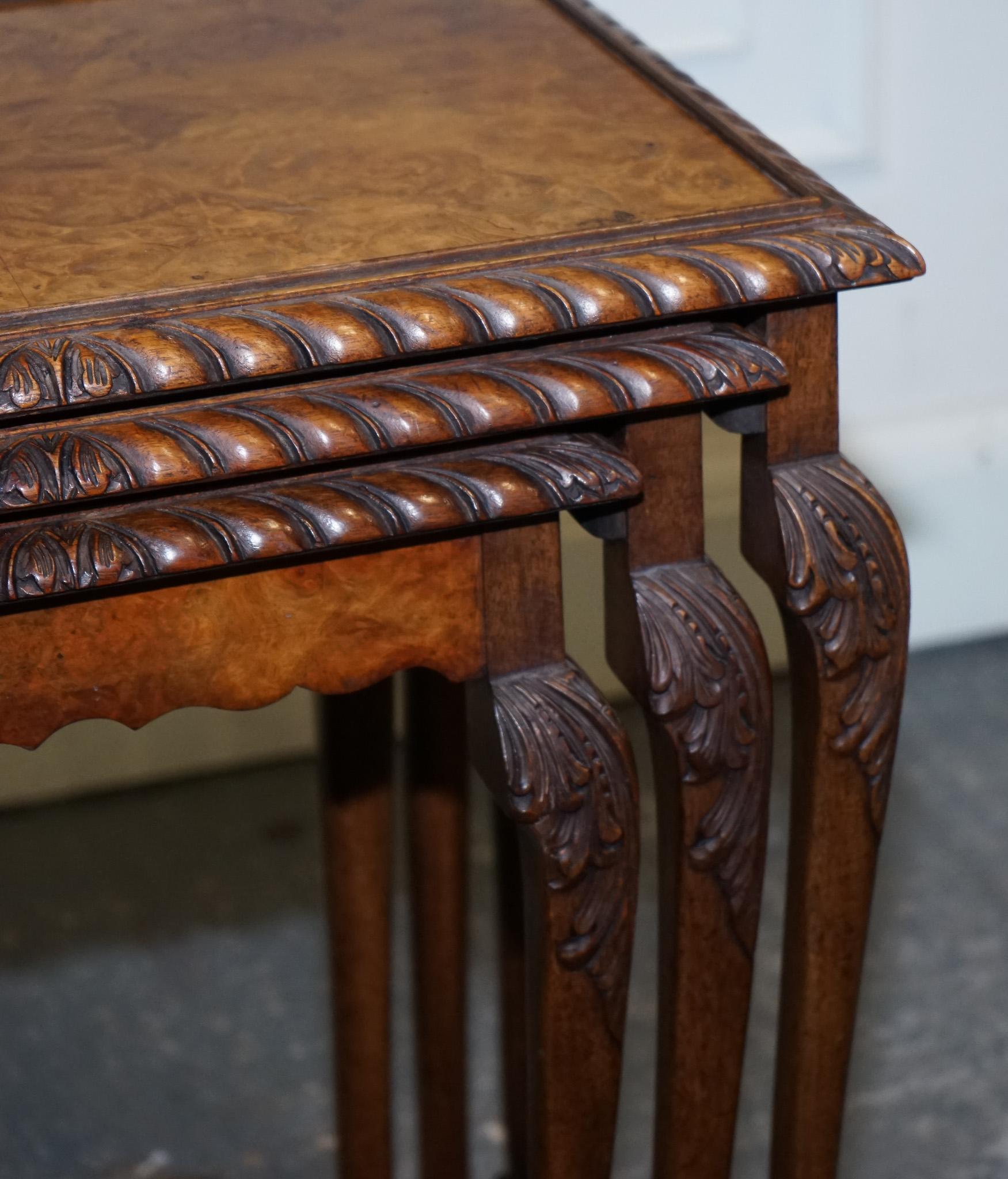 Hand-Crafted STUNNiNG BURR WALNUT NEST OF  THREE TABLES CARVED CLAW & BALL FEET For Sale