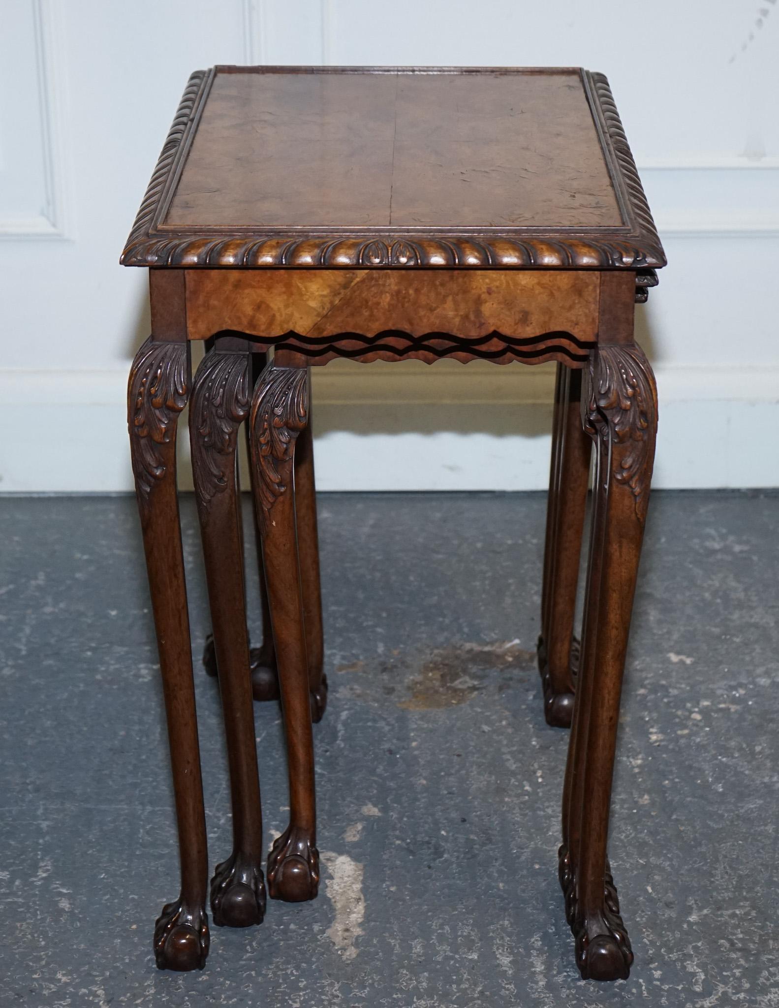 Walnut STUNNiNG BURR WALNUT NEST OF  THREE TABLES CARVED CLAW & BALL FEET For Sale
