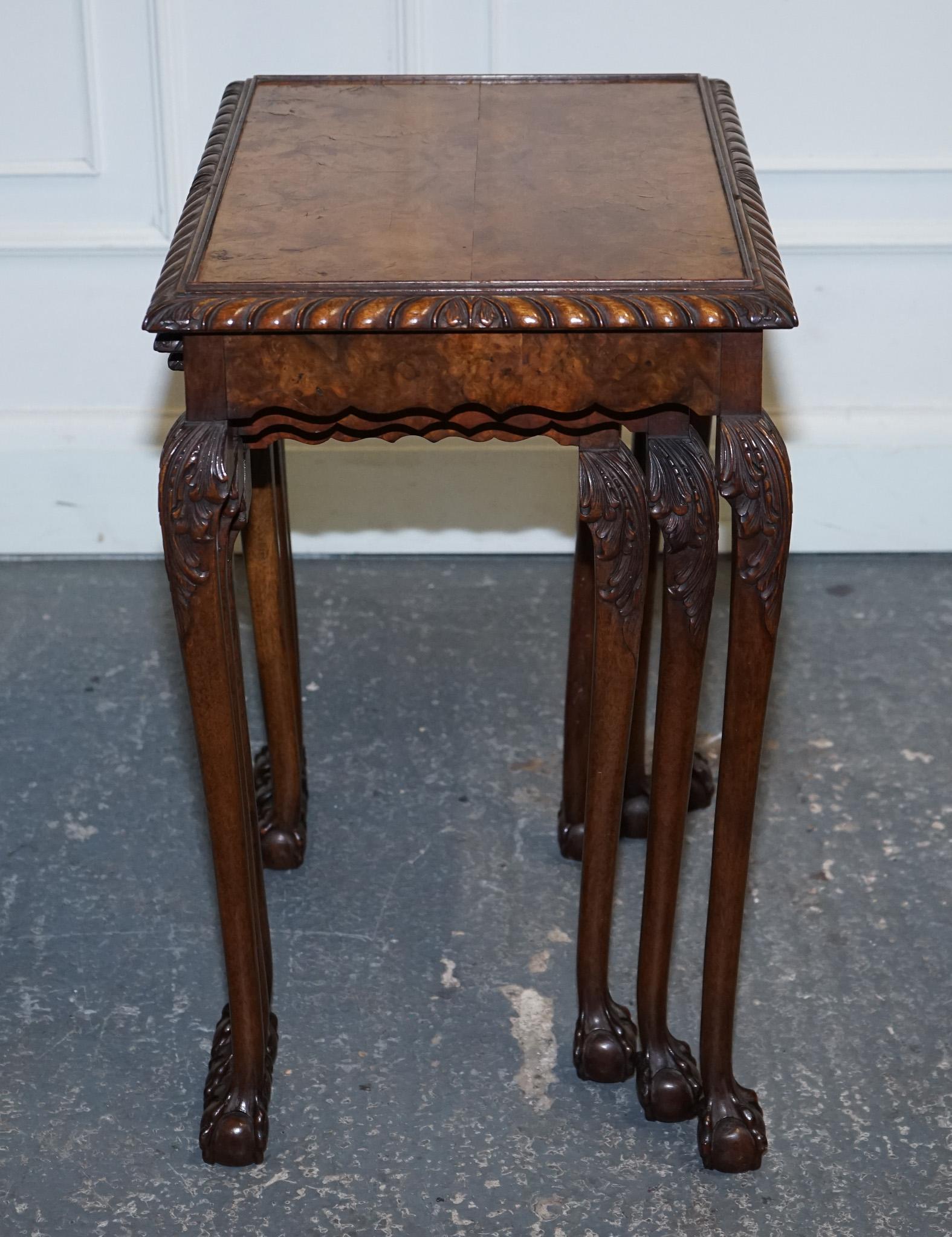 STUNNiNG BURR WALNUT NEST OF  THREE TABLES CARVED CLAW & BALL FEET For Sale 1