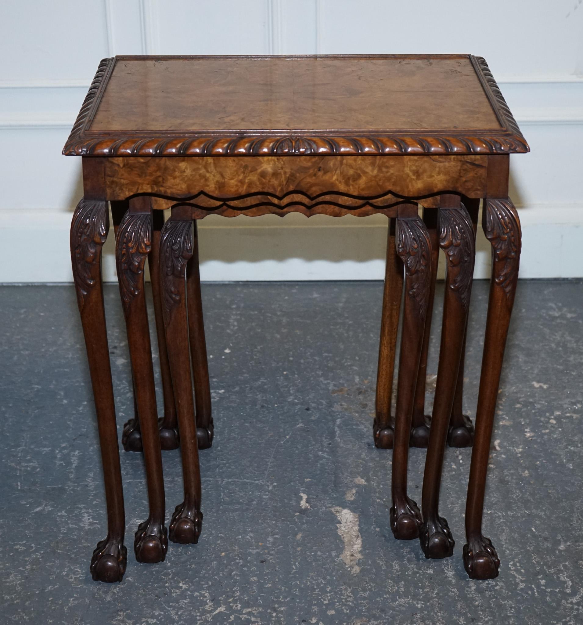 STUNNiNG BURR WALNUT NEST OF  THREE TABLES CARVED CLAW & BALL FEET For Sale 2