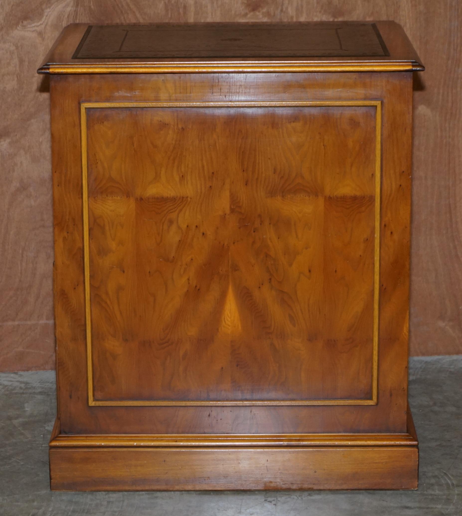 Stunning Burr Walnut Office Filing Cabinet with Nice Green Gold Leaf Leather Top 3