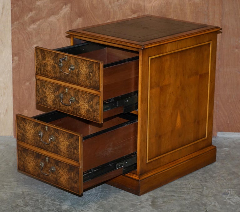 Stunning Burr Walnut Office Filing Cabinet with Nice Green Gold Leaf Leather Top 5