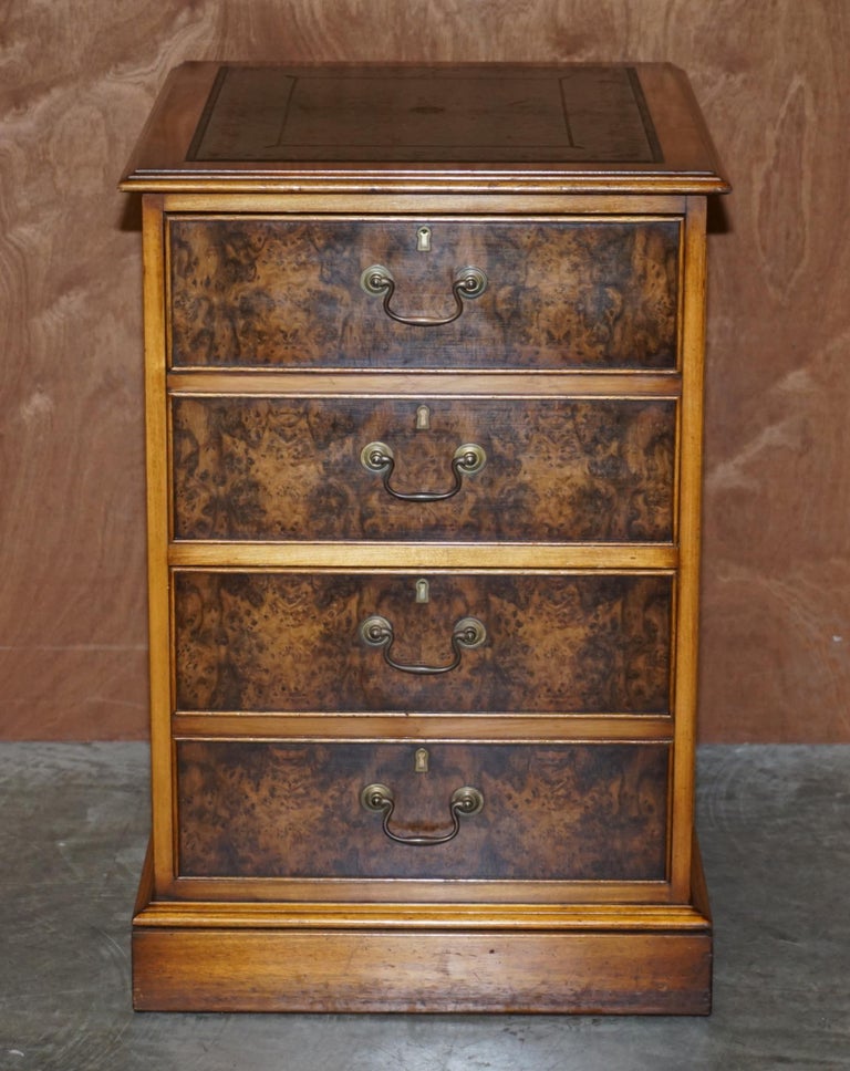 We are delighted to offer for sale this lovely burr walnut filing cabinet with gold leaf embossed green leather top

A truly stunning piece, if burr walnut is your thing or just timber patina that to die for then look no further, this cabinet is
