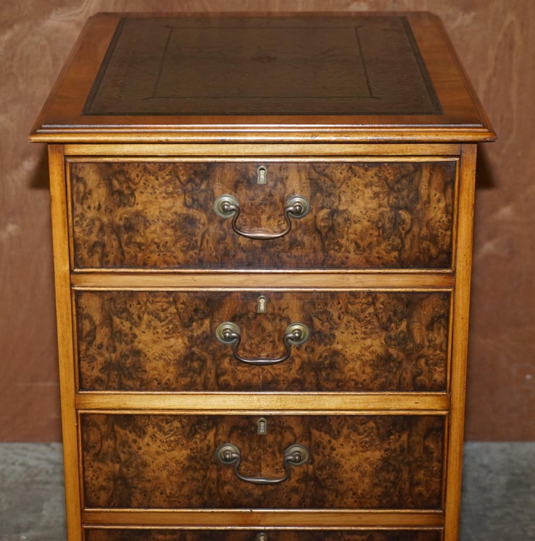 Art Deco Stunning Burr Walnut Office Filing Cabinet with Nice Green Gold Leaf Leather Top