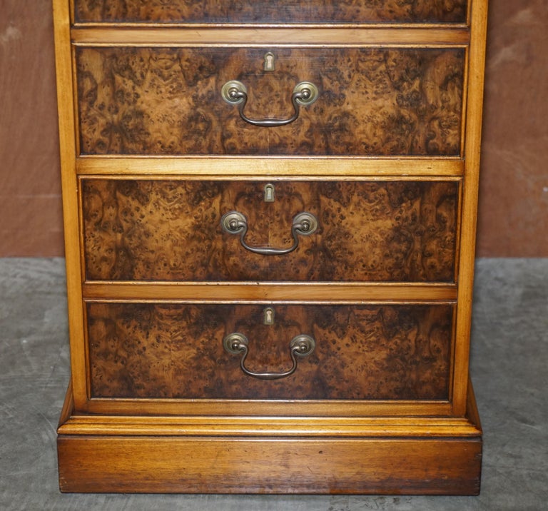 English Stunning Burr Walnut Office Filing Cabinet with Nice Green Gold Leaf Leather Top