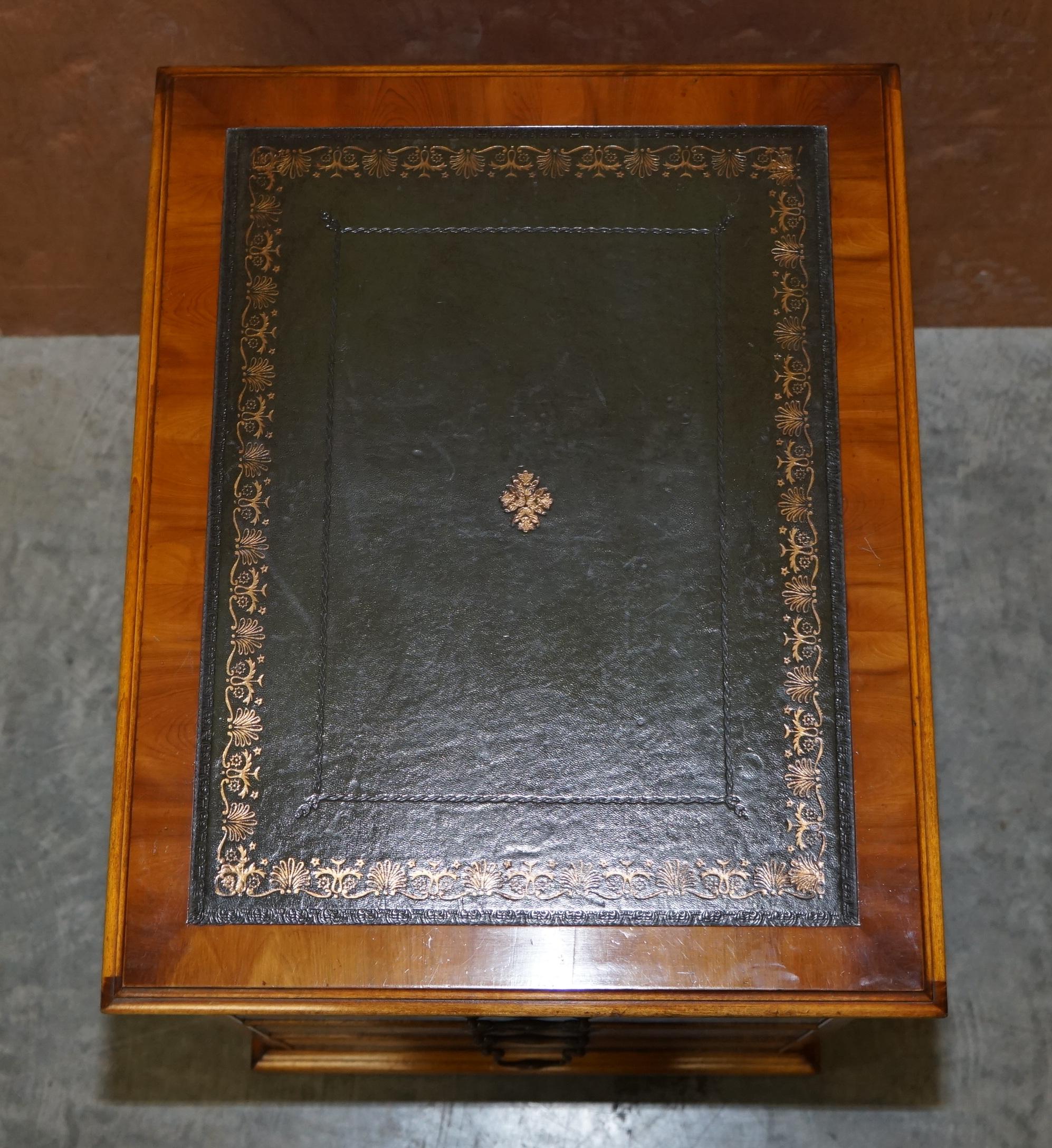 Hand-Crafted Stunning Burr Walnut Office Filing Cabinet with Nice Green Gold Leaf Leather Top