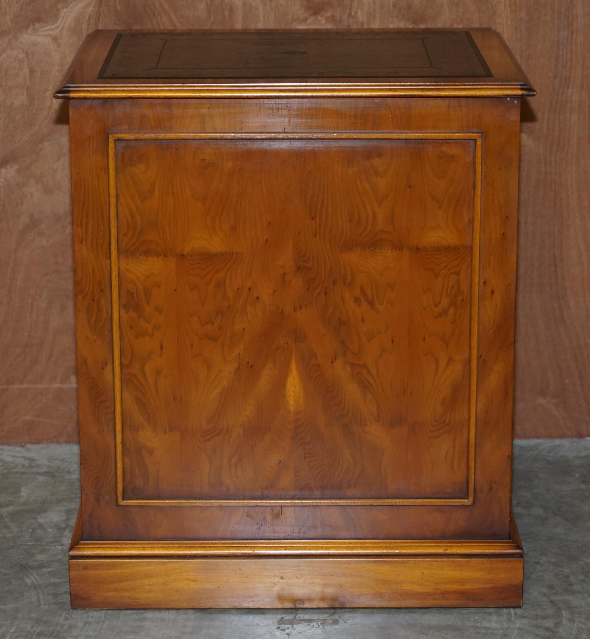 Stunning Burr Walnut Office Filing Cabinet with Nice Green Gold Leaf Leather Top 2