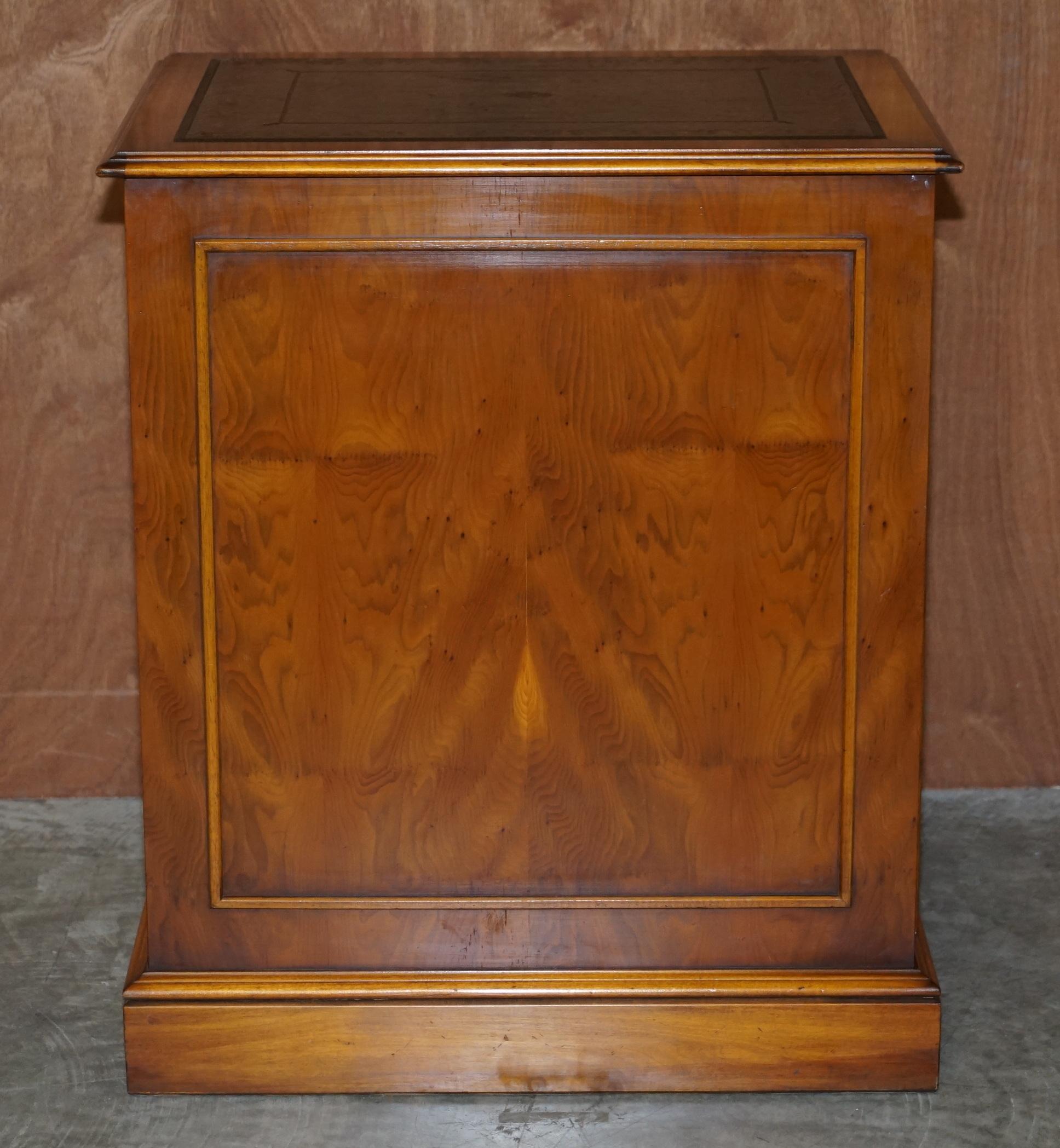 Stunning Burr Walnut Office Filing Cabinet with Nice Green Gold Leaf Leather Top 1