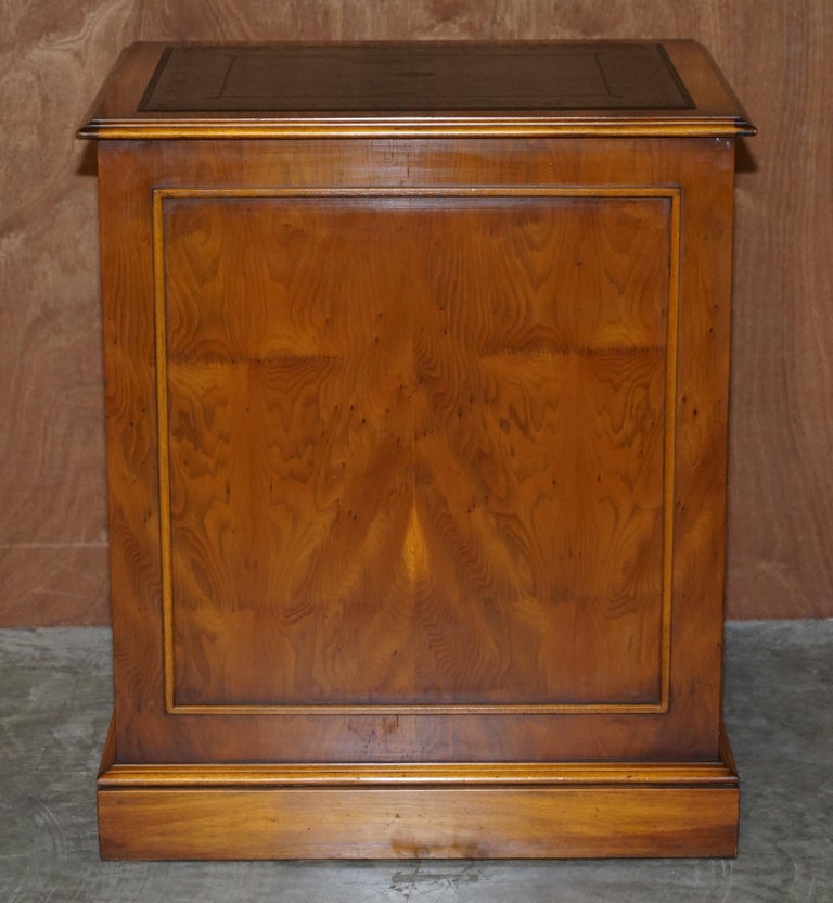 Stunning Burr Walnut Office Filing Cabinet with Nice Green Gold Leaf Leather Top 2