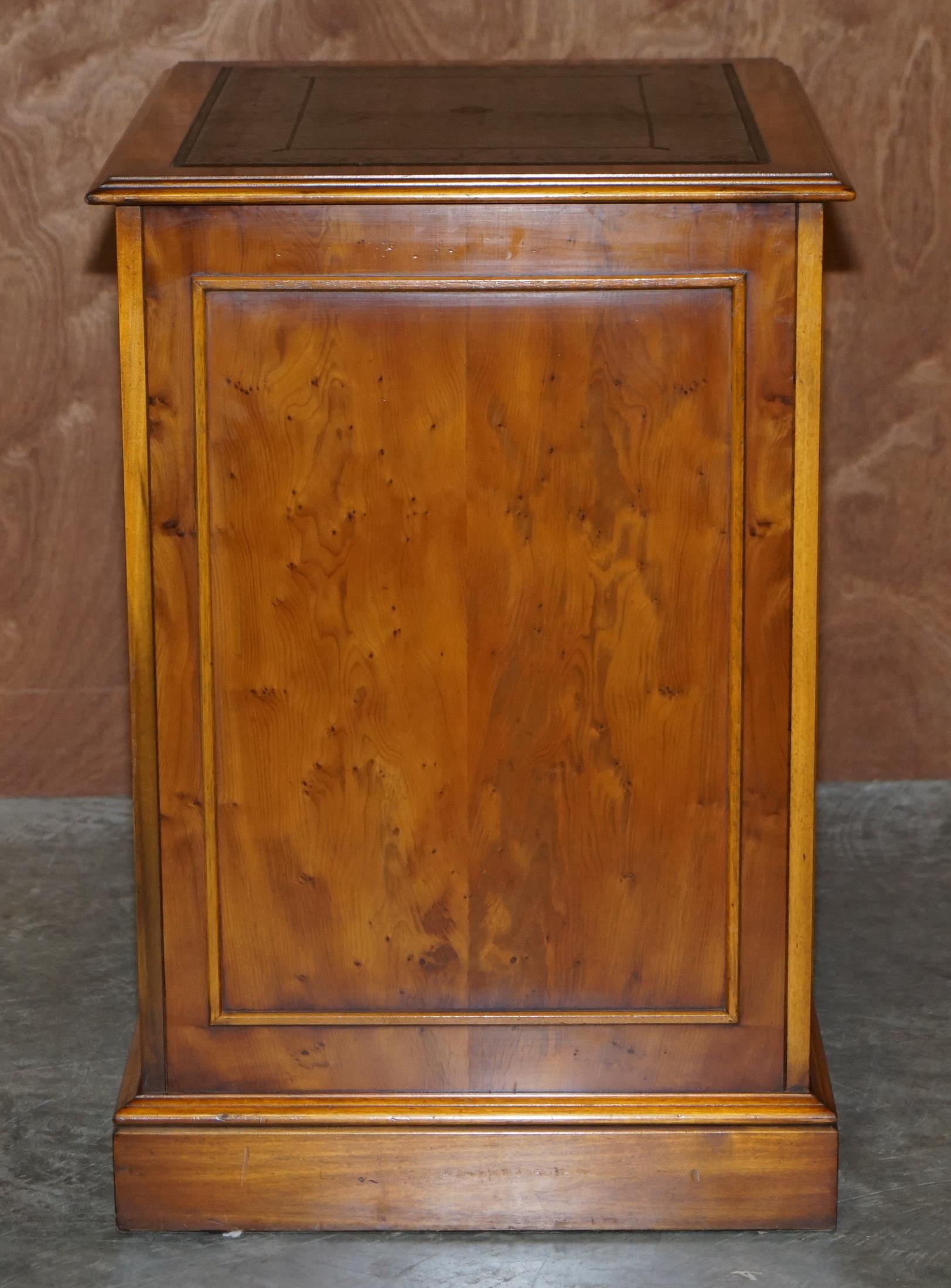 Stunning Burr Walnut Office Filing Cabinet with Nice Green Gold Leaf Leather Top 3