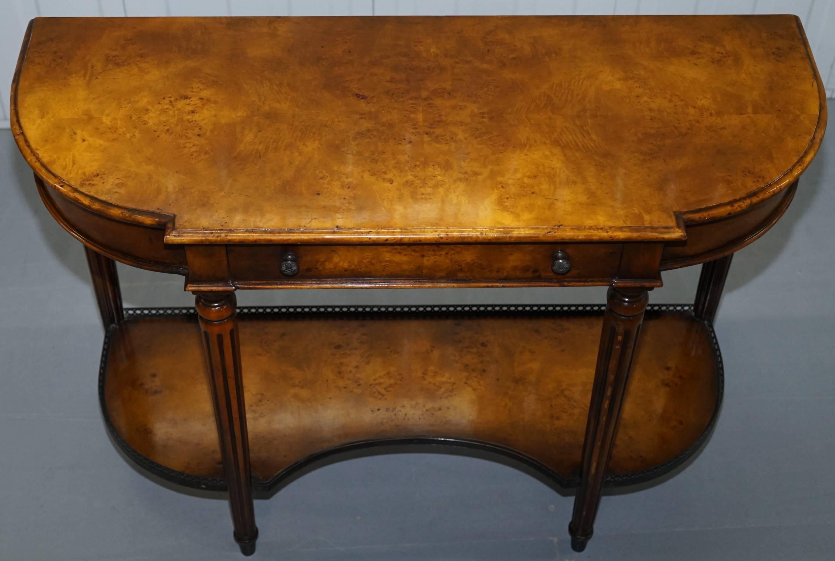 Victorian Stunning Burr Walnut Theodore Alexander Console Table with Single Drawers