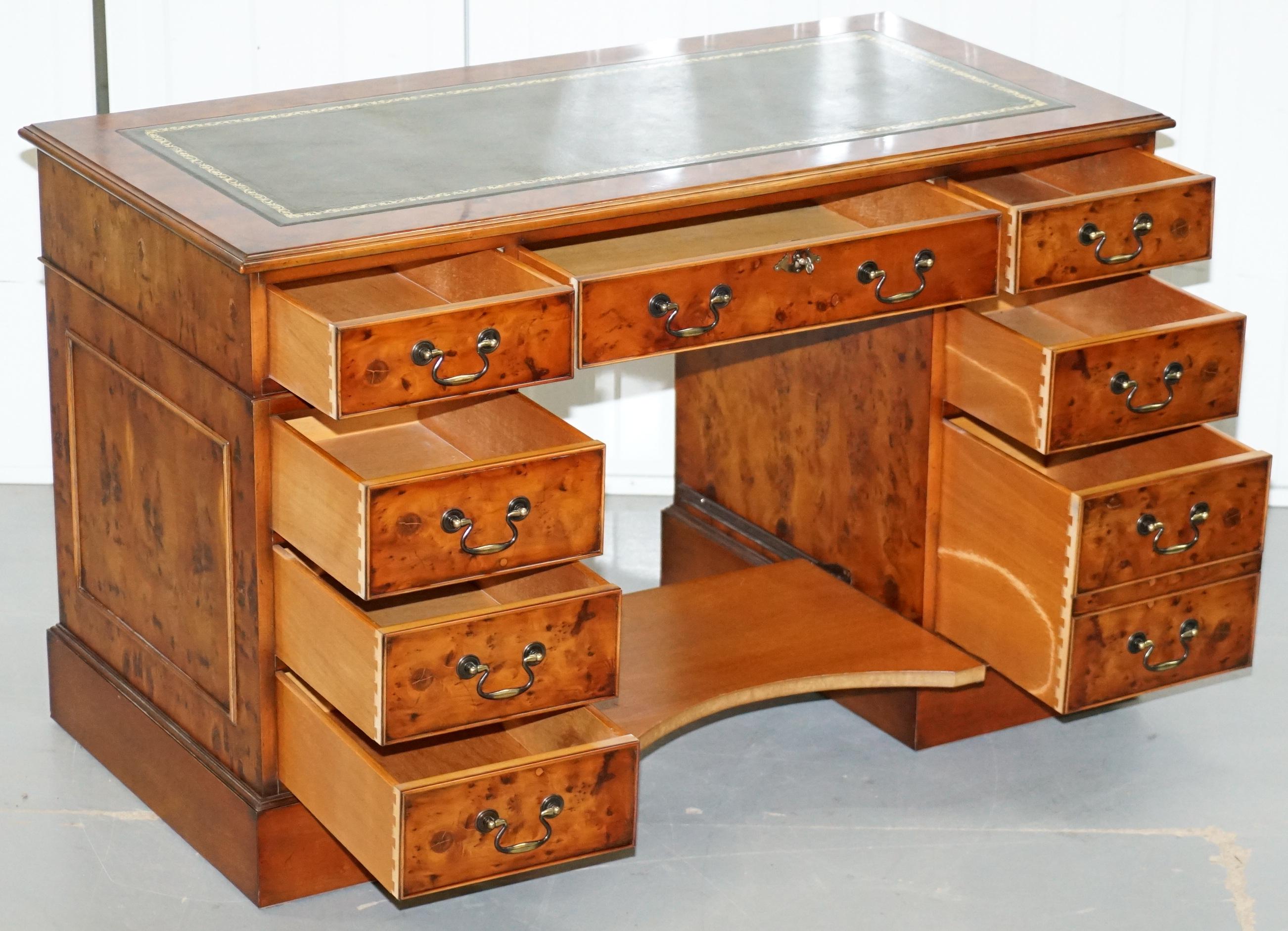 Stunning Burr Walnut Twin Pedestal Partner Desks with Additional Sliding Shelf 9