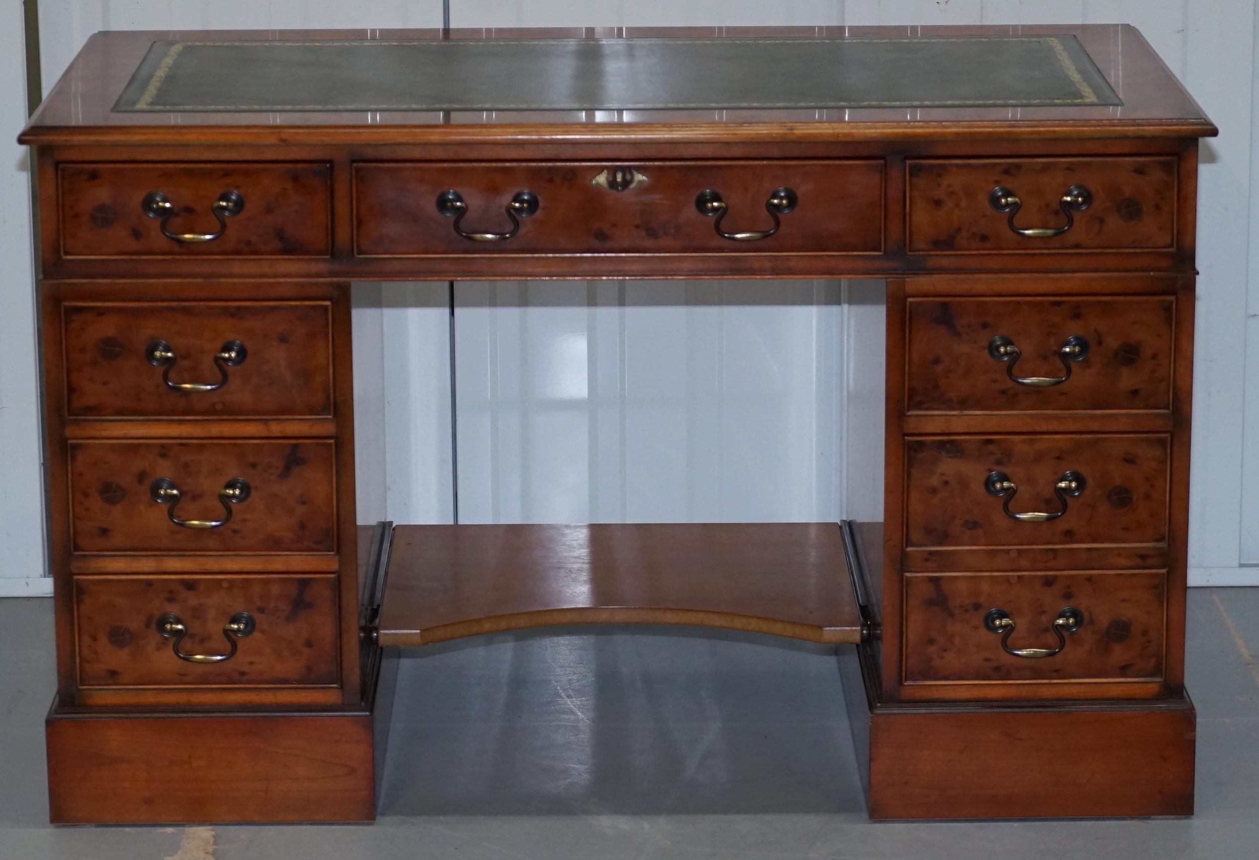 We are delighted to offer for sale this stunning heavily Burred Walnut twin pedestal partner desk with custom sliding keyboard or foot shelf 

A beautiful patina timber, Burr Walnut is my favourite wood, it looks like a piece of art from all