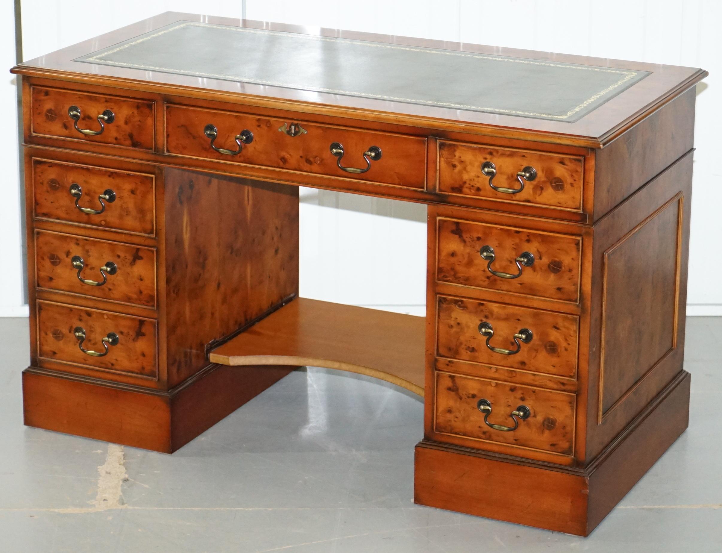 Modern Stunning Burr Walnut Twin Pedestal Partner Desks with Additional Sliding Shelf