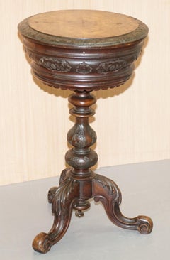 Stunning Burr Walnut Victorian Sewing Table Heavily Carved All-Over Velvet Lined