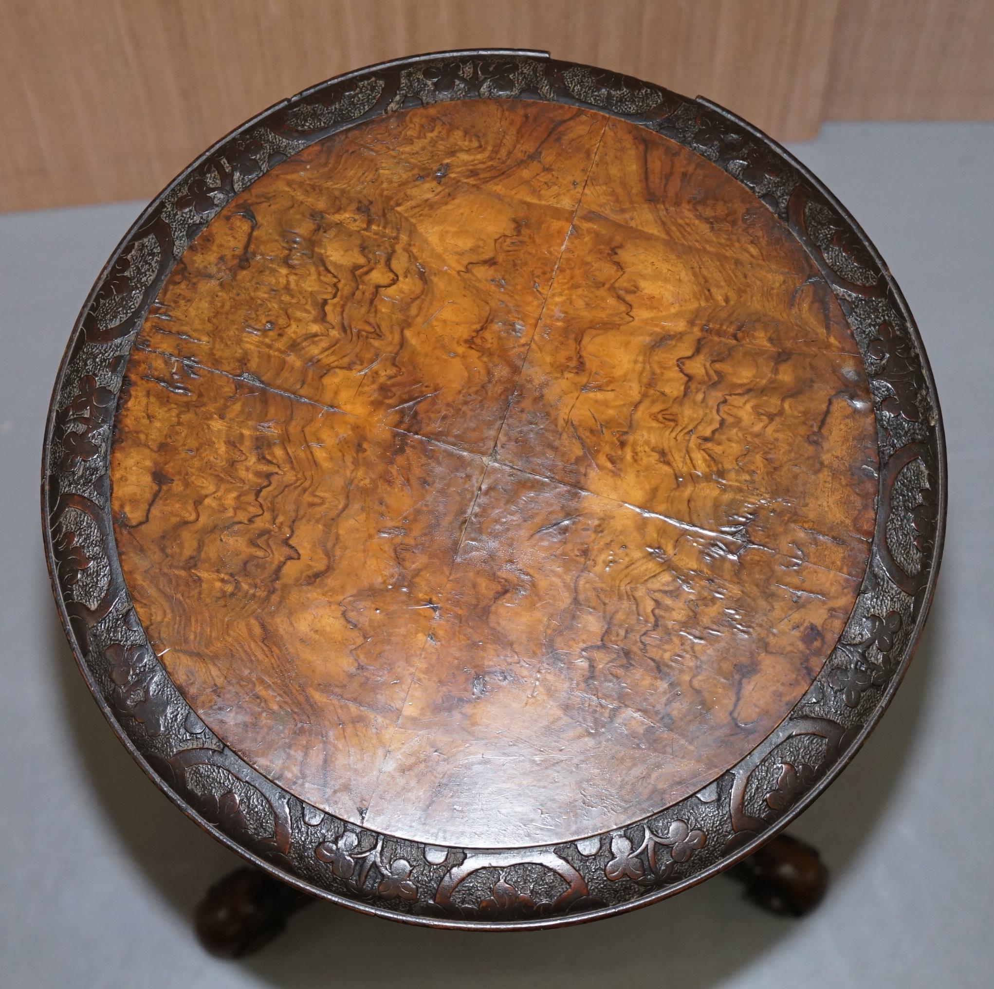 Hand-Crafted Stunning Burr Walnut Victorian Sewing Table Heavily Carved All-Over Velvet Lined For Sale