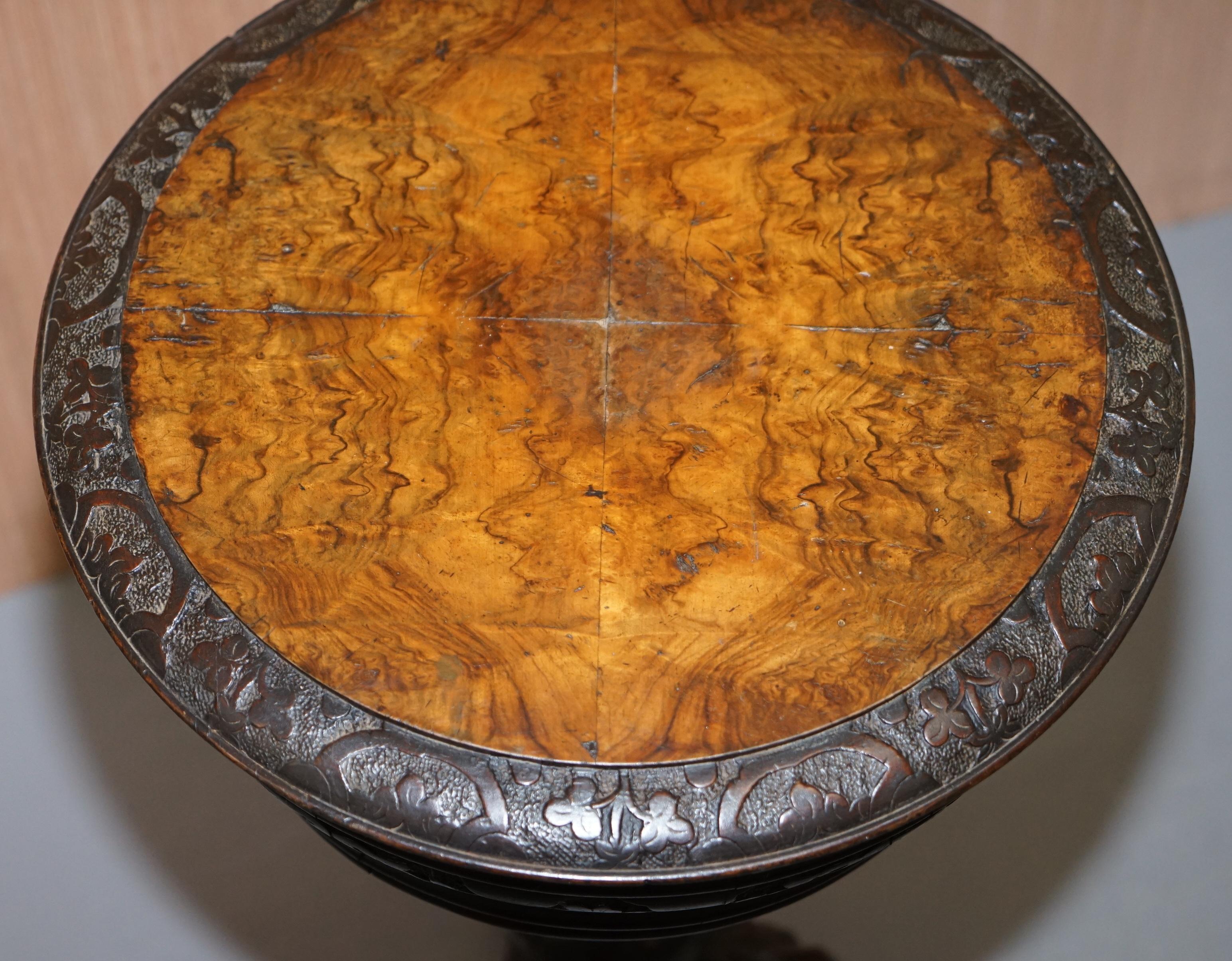 19th Century Stunning Burr Walnut Victorian Sewing Table Heavily Carved All-Over Velvet Lined For Sale