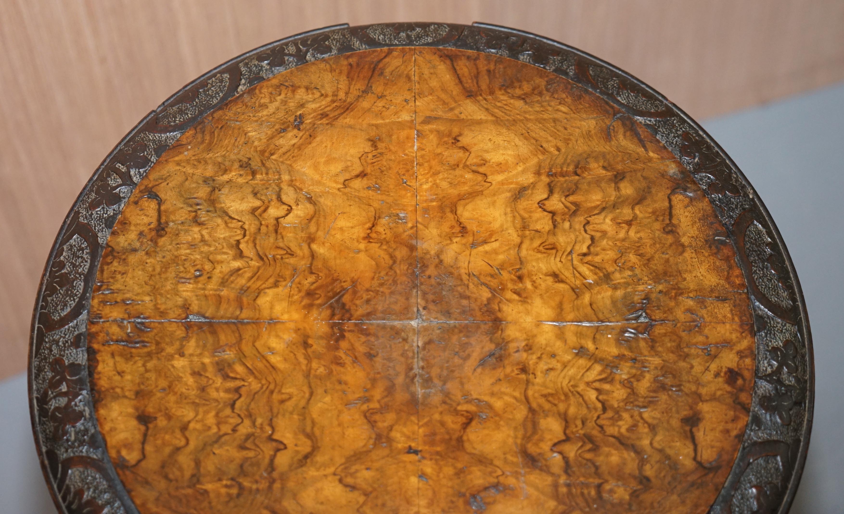 Stunning Burr Walnut Victorian Sewing Table Heavily Carved All-Over Velvet Lined For Sale 1