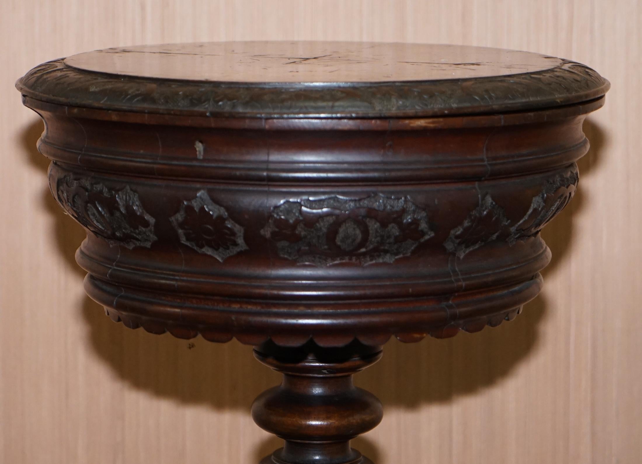Stunning Burr Walnut Victorian Sewing Table Heavily Carved All-Over Velvet Lined For Sale 3