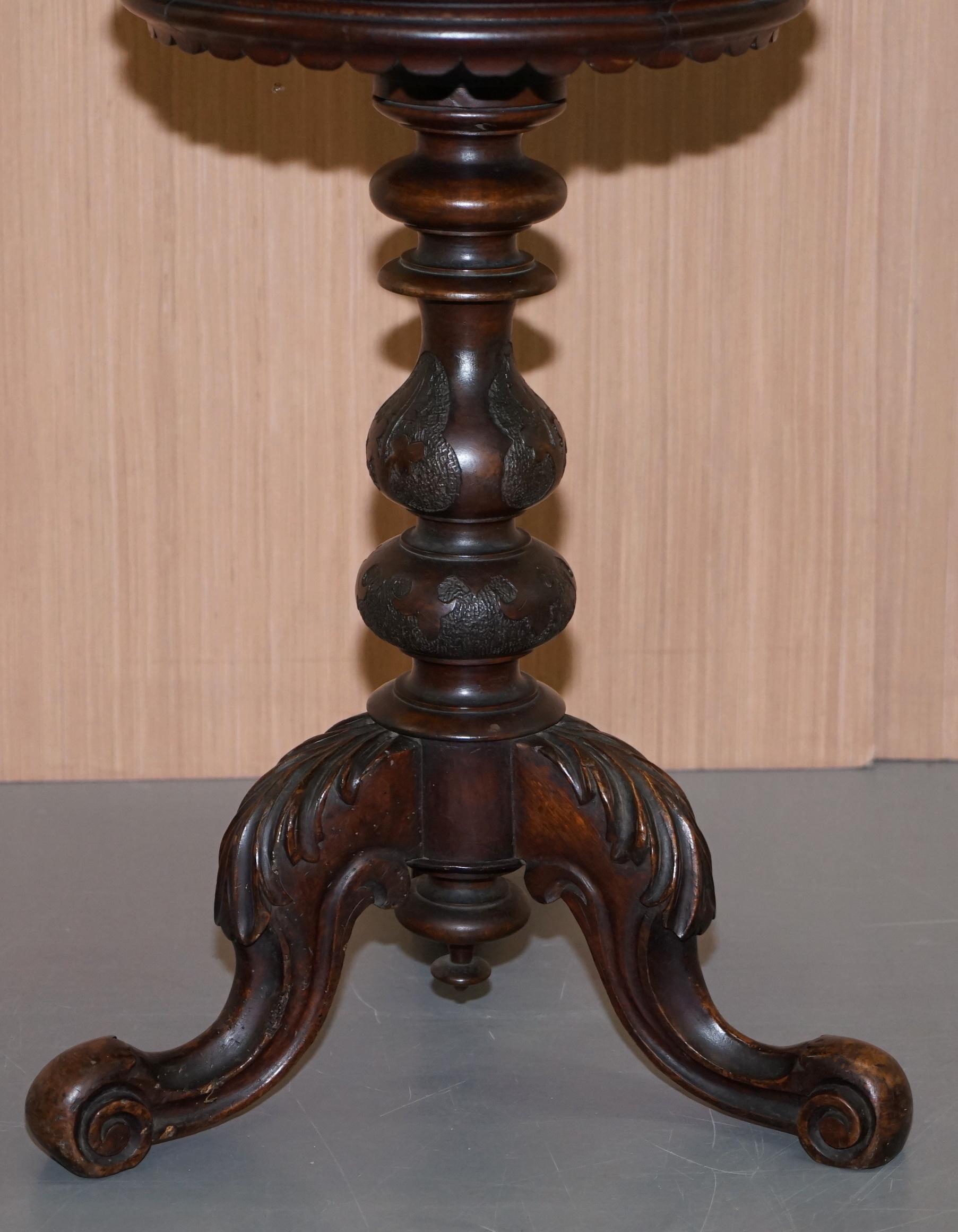 Stunning Burr Walnut Victorian Sewing Table Heavily Carved All-Over Velvet Lined For Sale 4