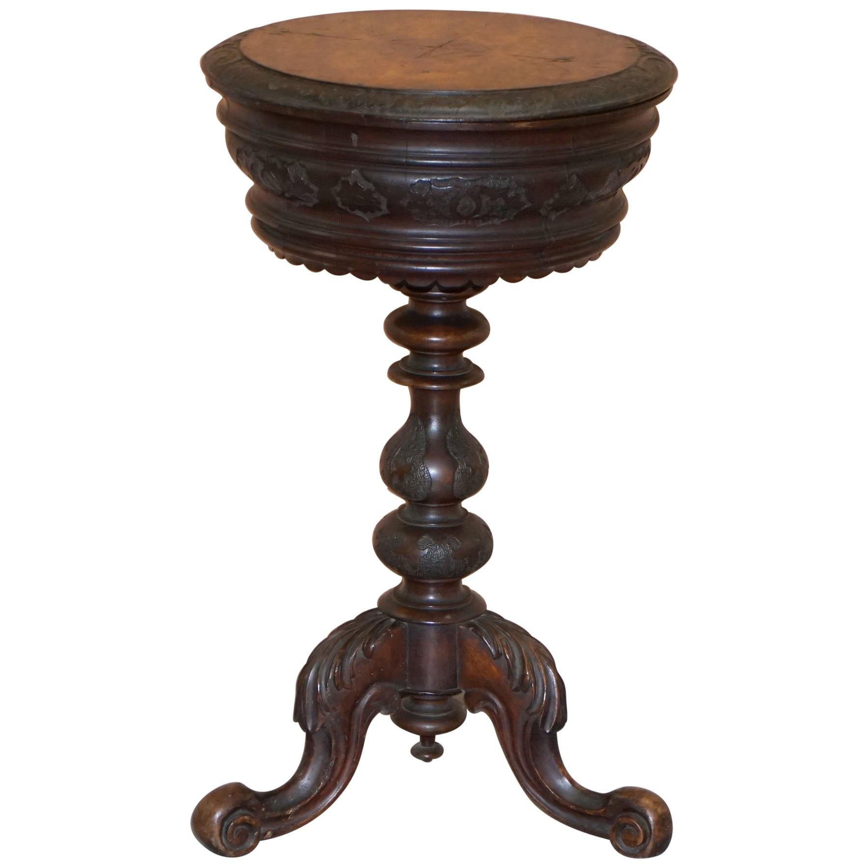 Stunning Burr Walnut Victorian Sewing Table Heavily Carved All-Over Velvet Lined