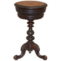 Stunning Burr Walnut Victorian Sewing Table Heavily Carved All-Over Velvet Lined