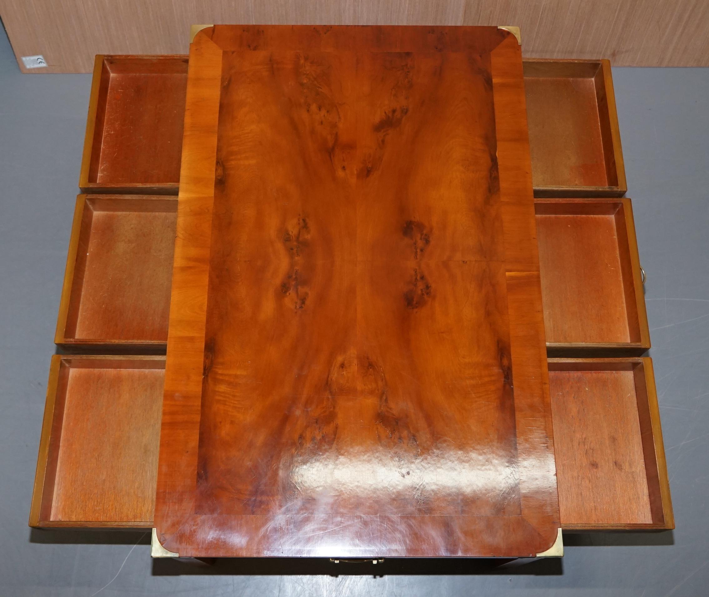 Stunning Burr Yew Harrods Kennedy Military Campaign Coffee Table 6 Drawers Total 9