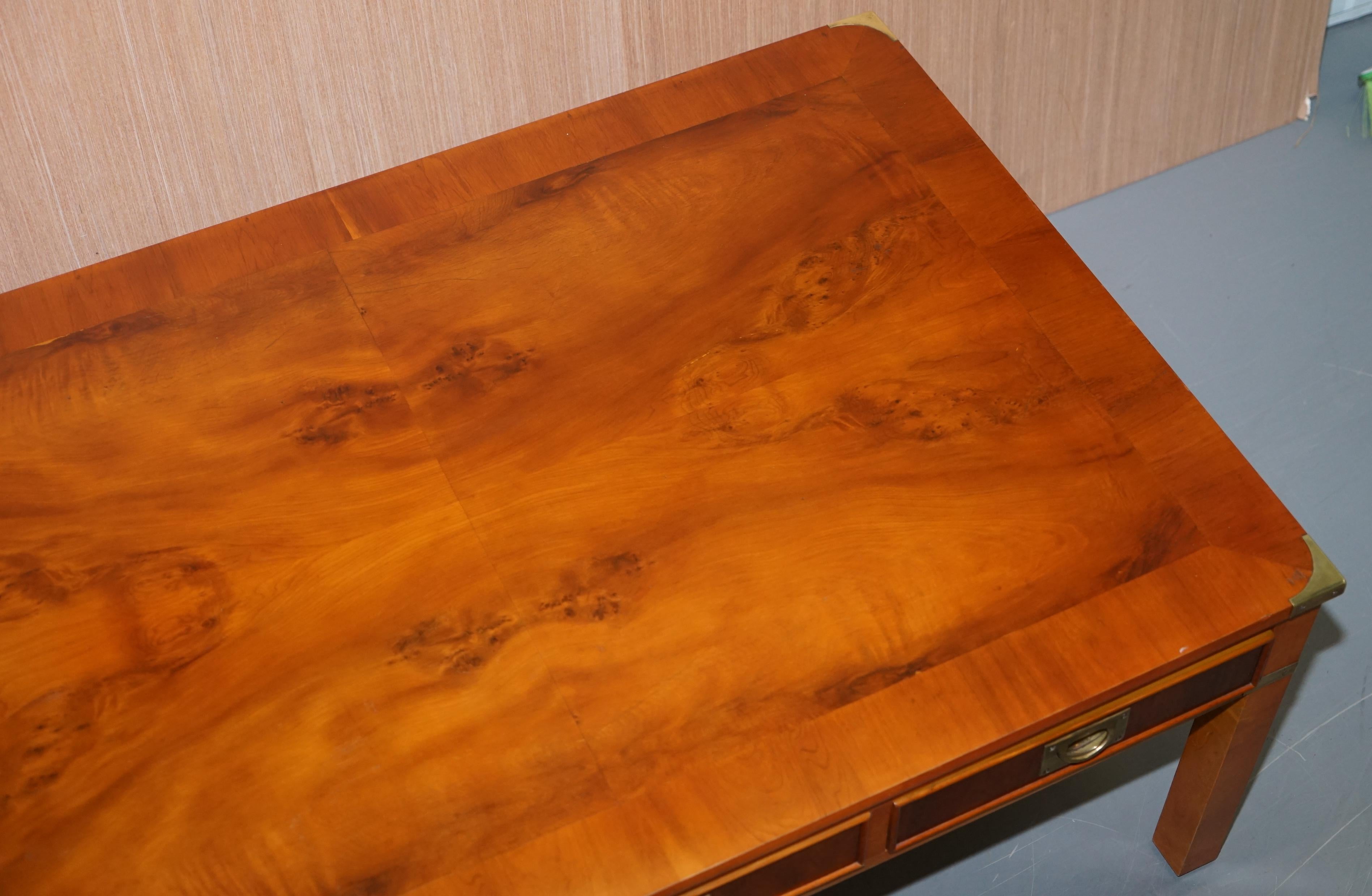 Hand-Crafted Stunning Burr Yew Harrods Kennedy Military Campaign Coffee Table 6 Drawers Total
