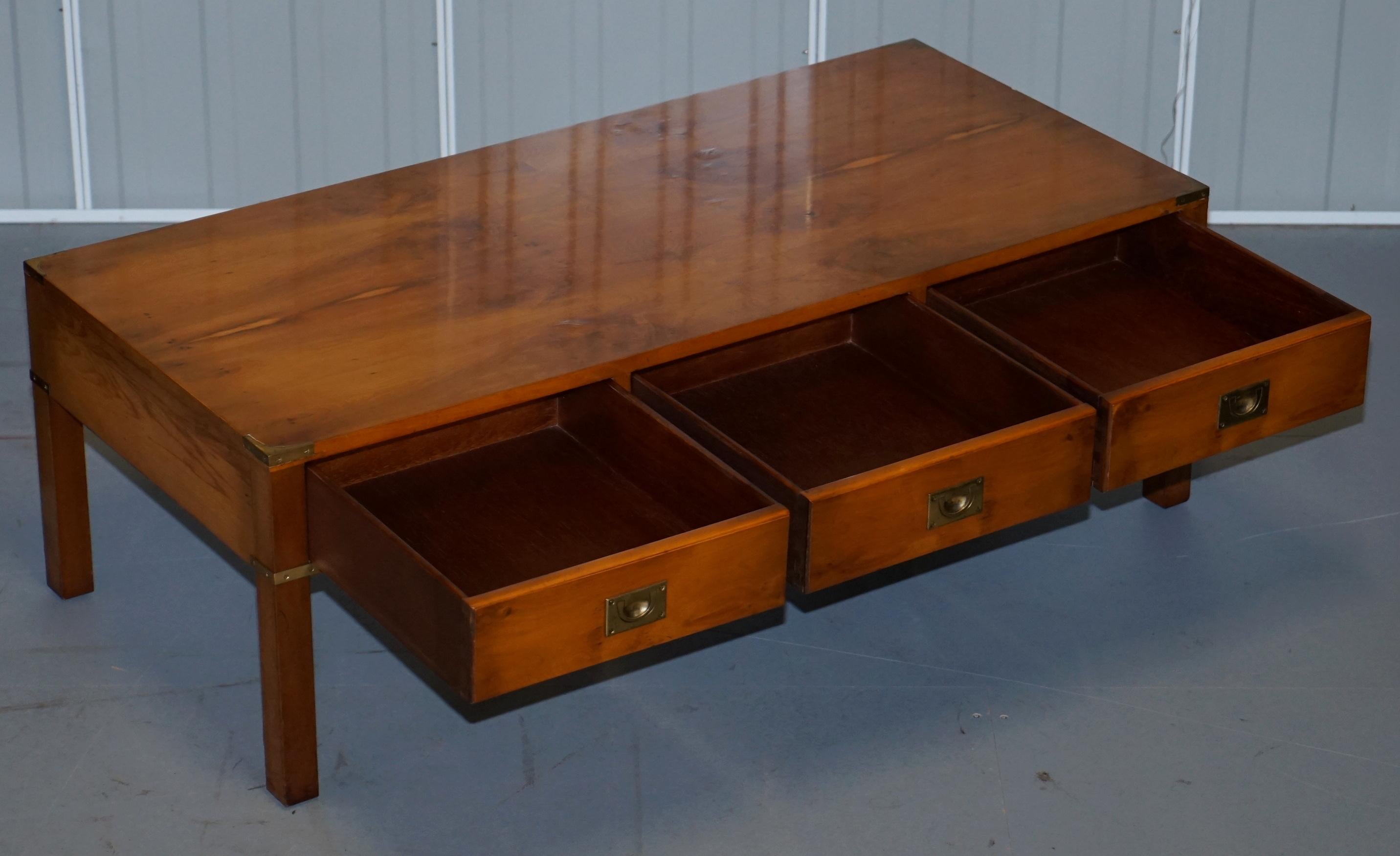 Stunning Burr Yew Harrods Kennedy Military Campaign Coffee Table Three Drawers 11