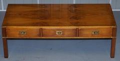 Stunning Burr Yew Harrods Kennedy Military Campaign Coffee Table Three Drawers