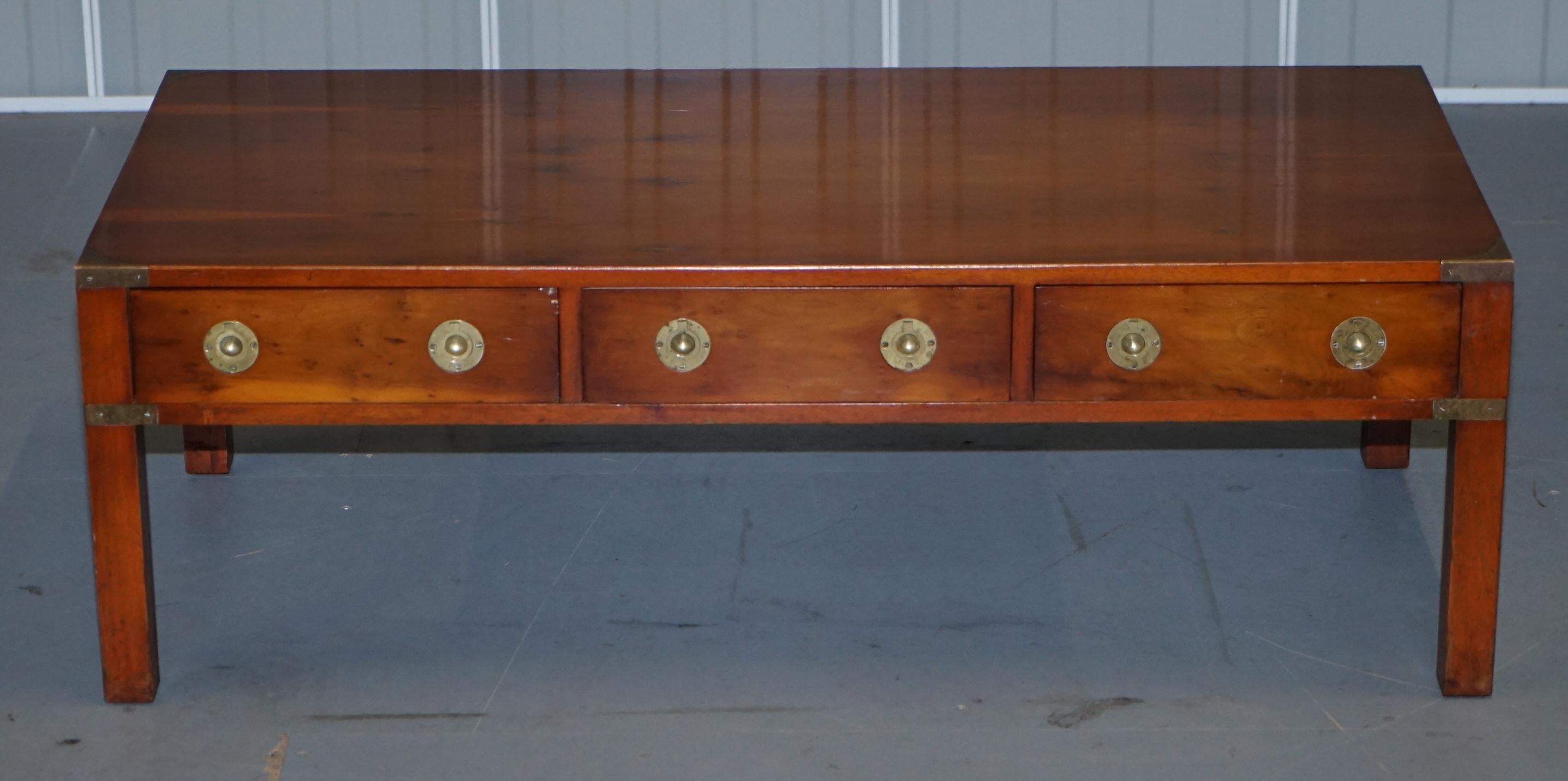 English *Stunning Burr Yew Harrods Kennedy Military Campaign Coffee Table Three Drawers
