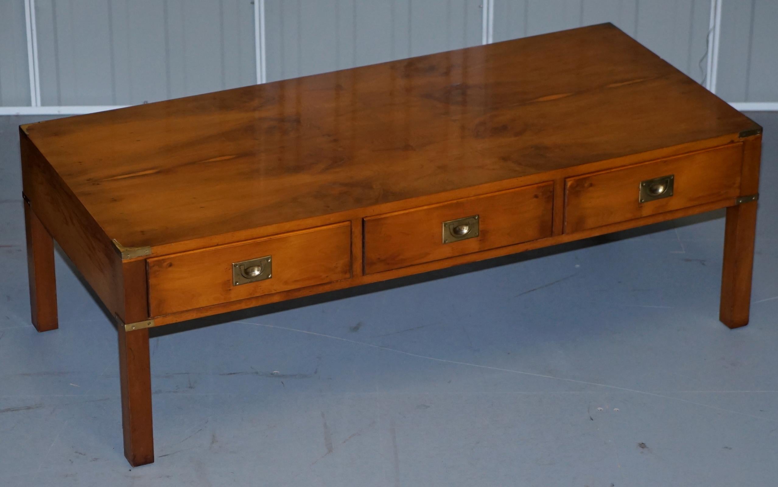 English Stunning Burr Yew Harrods Kennedy Military Campaign Coffee Table Three Drawers