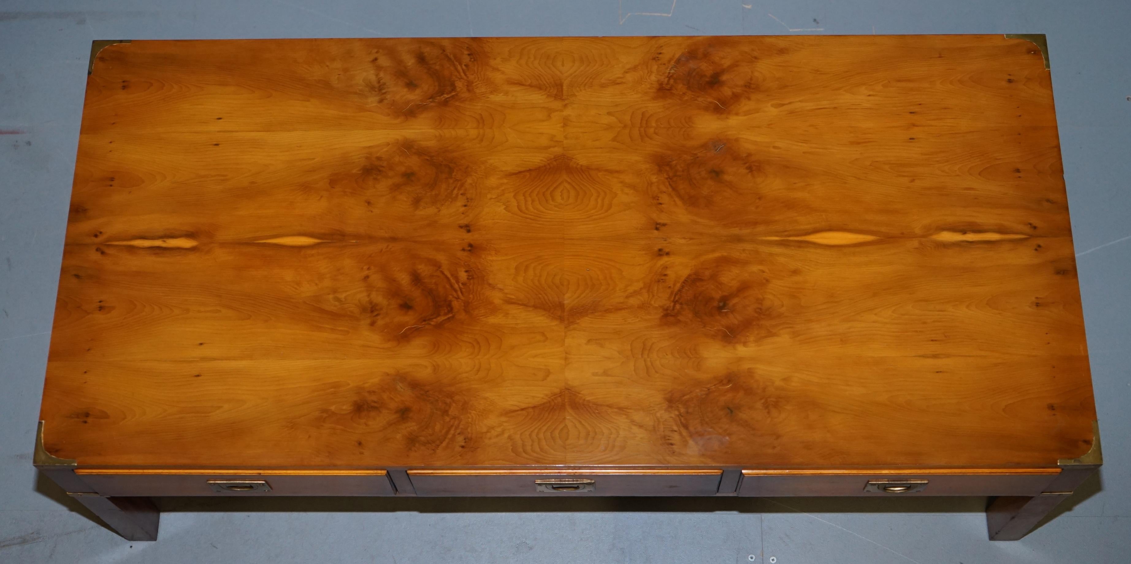 Hand-Crafted Stunning Burr Yew Harrods Kennedy Military Campaign Coffee Table Three Drawers