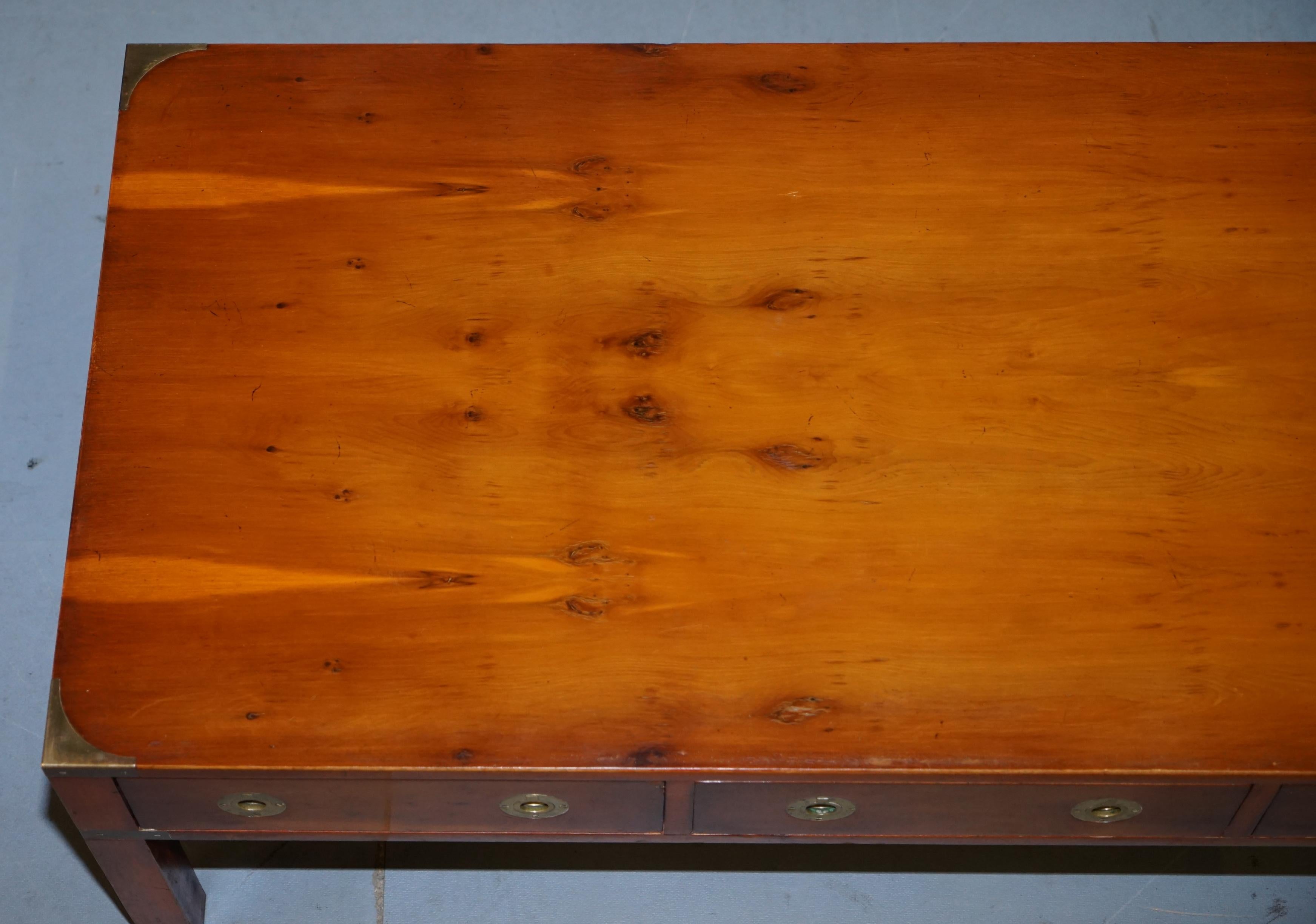 20th Century *Stunning Burr Yew Harrods Kennedy Military Campaign Coffee Table Three Drawers