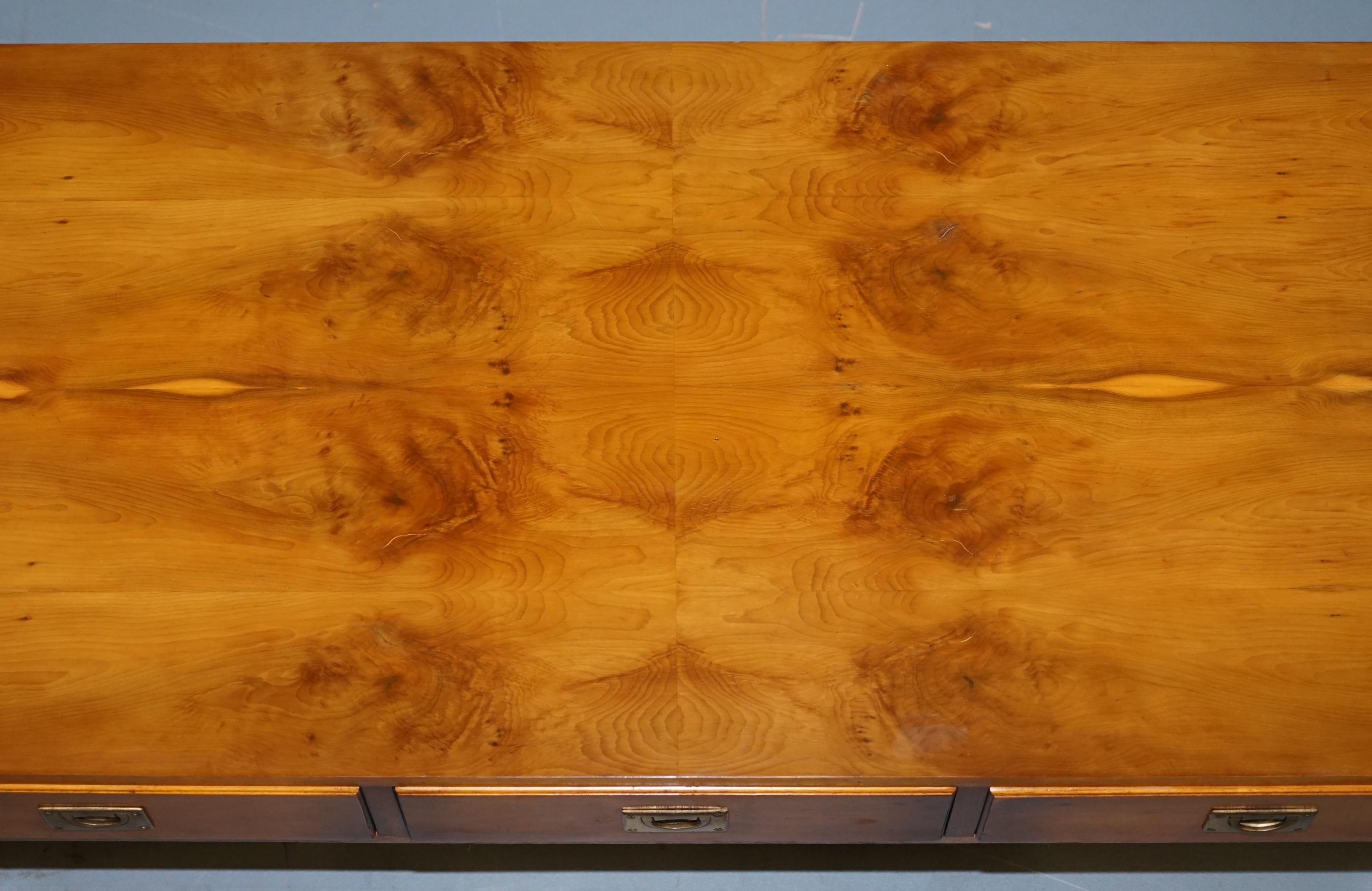 20th Century Stunning Burr Yew Harrods Kennedy Military Campaign Coffee Table Three Drawers