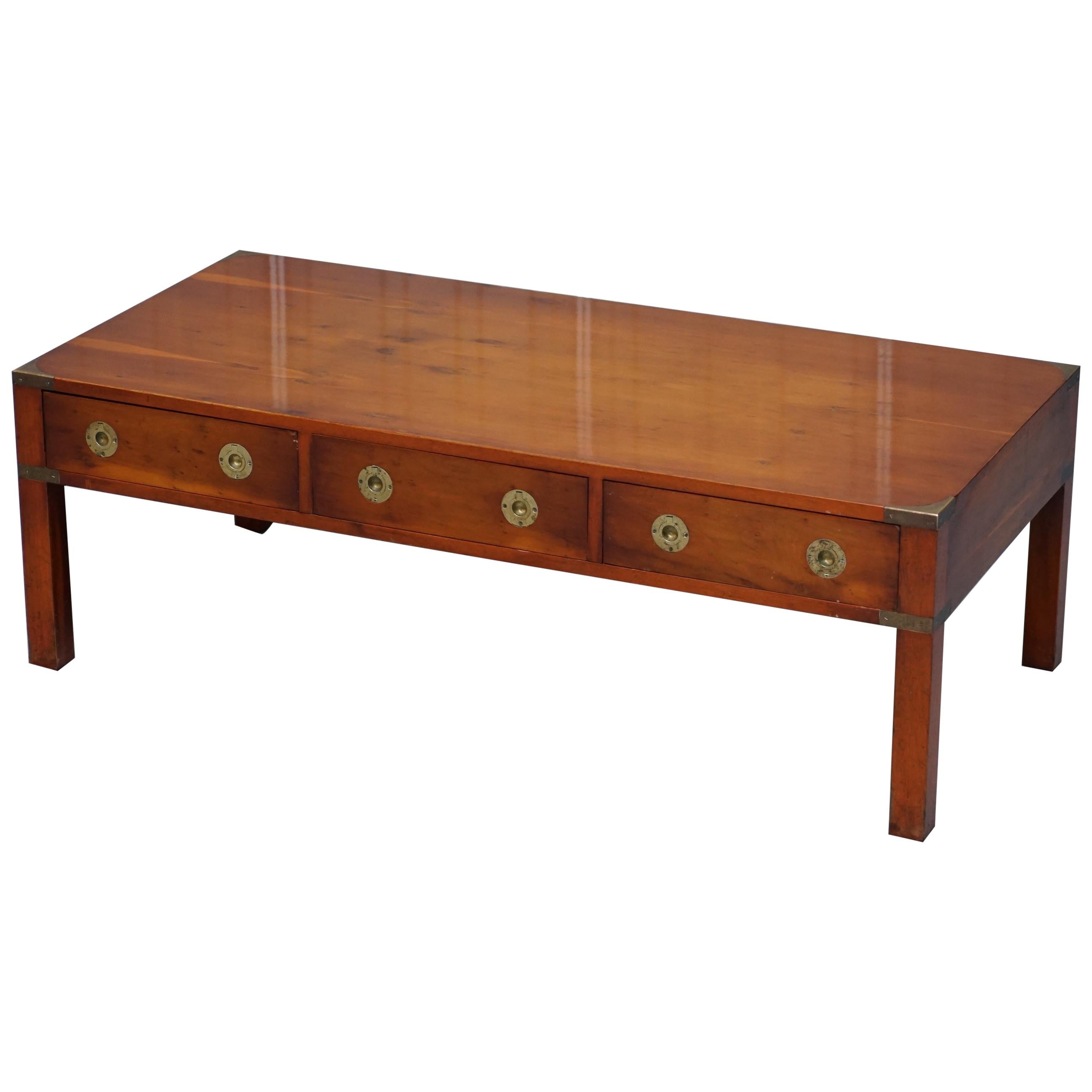 *Stunning Burr Yew Harrods Kennedy Military Campaign Coffee Table Three Drawers