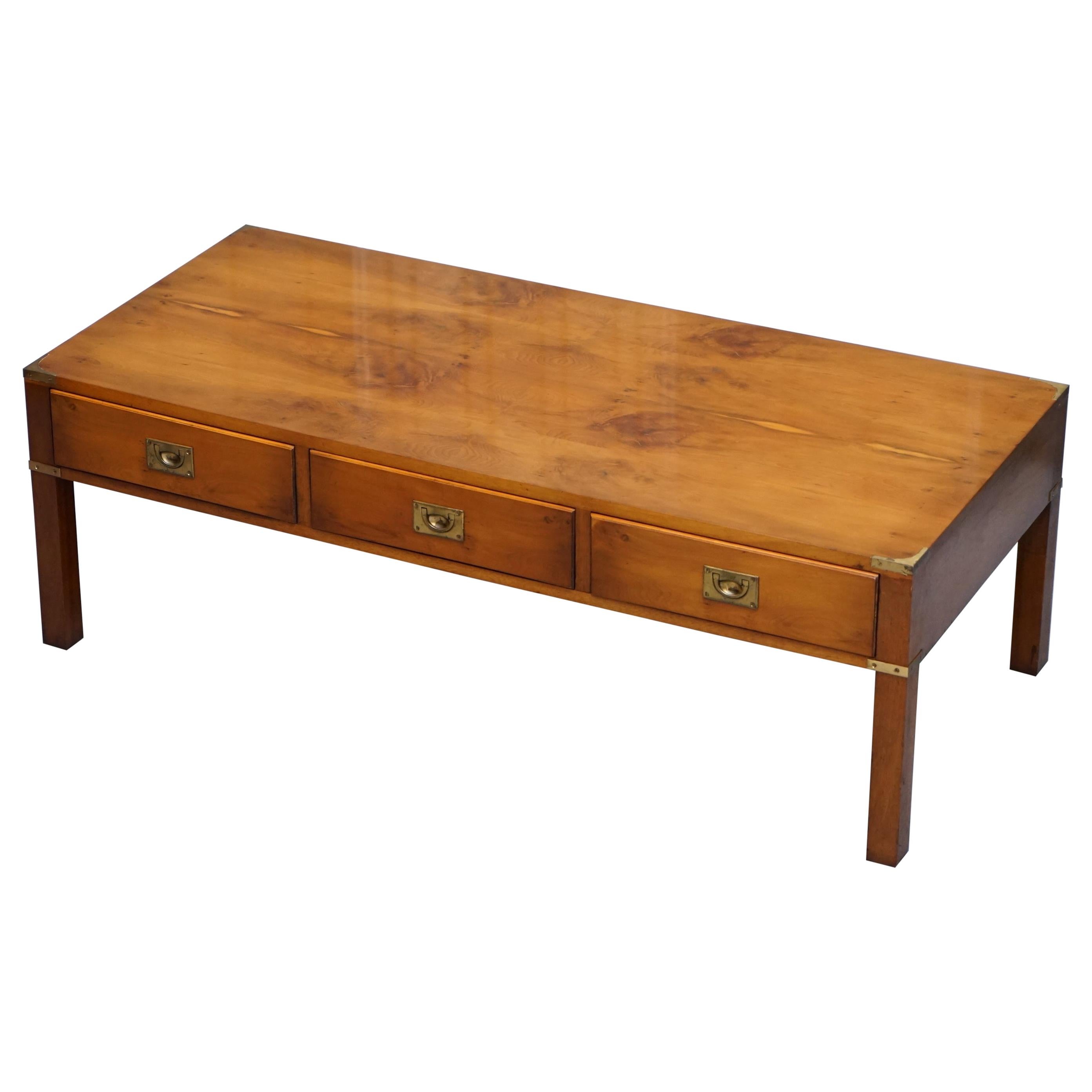Stunning Burr Yew Harrods Kennedy Military Campaign Coffee Table Three Drawers