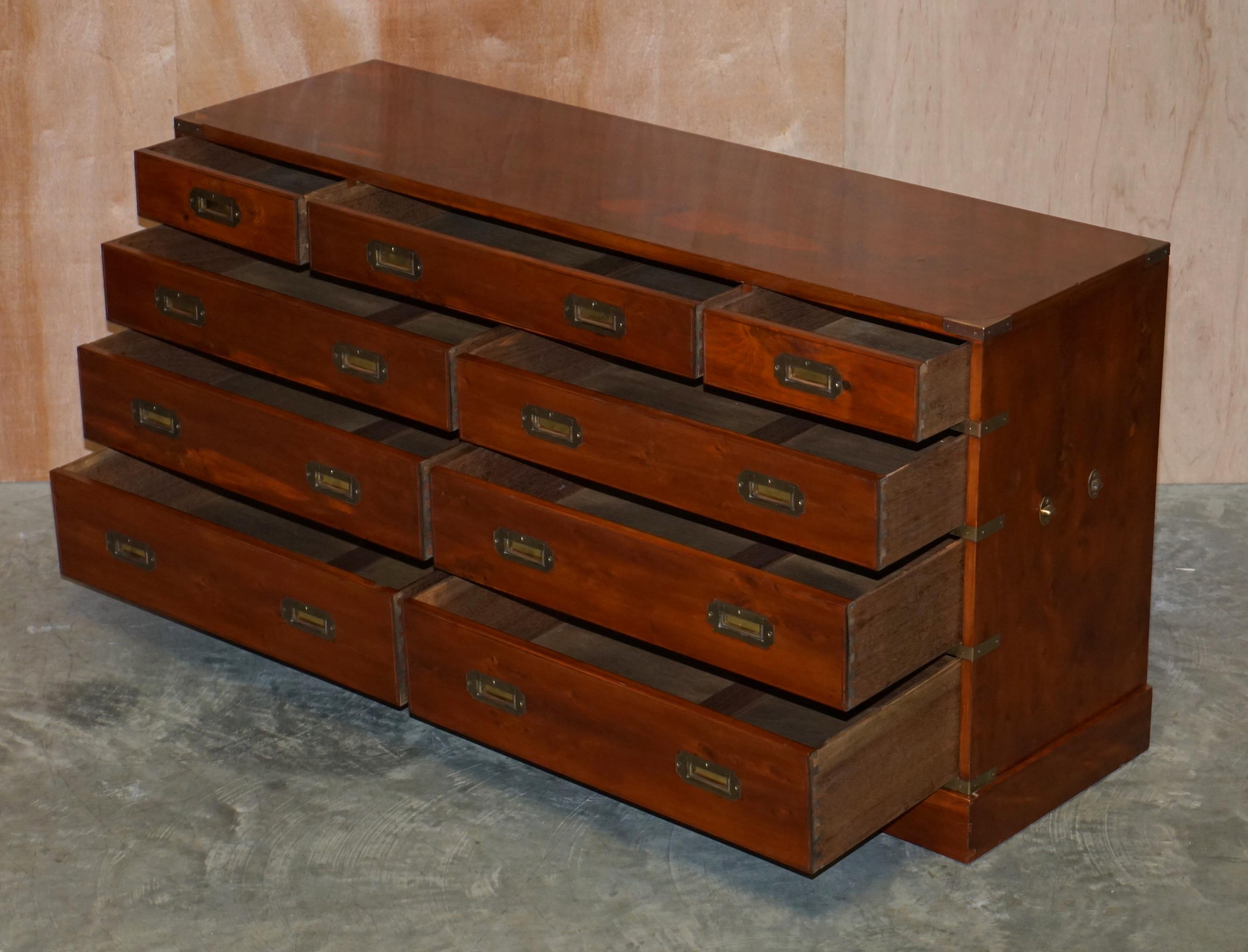 Stunning Burr Yew Wood & Brass Military Campaign Sideboard / Chest of Drawers 8