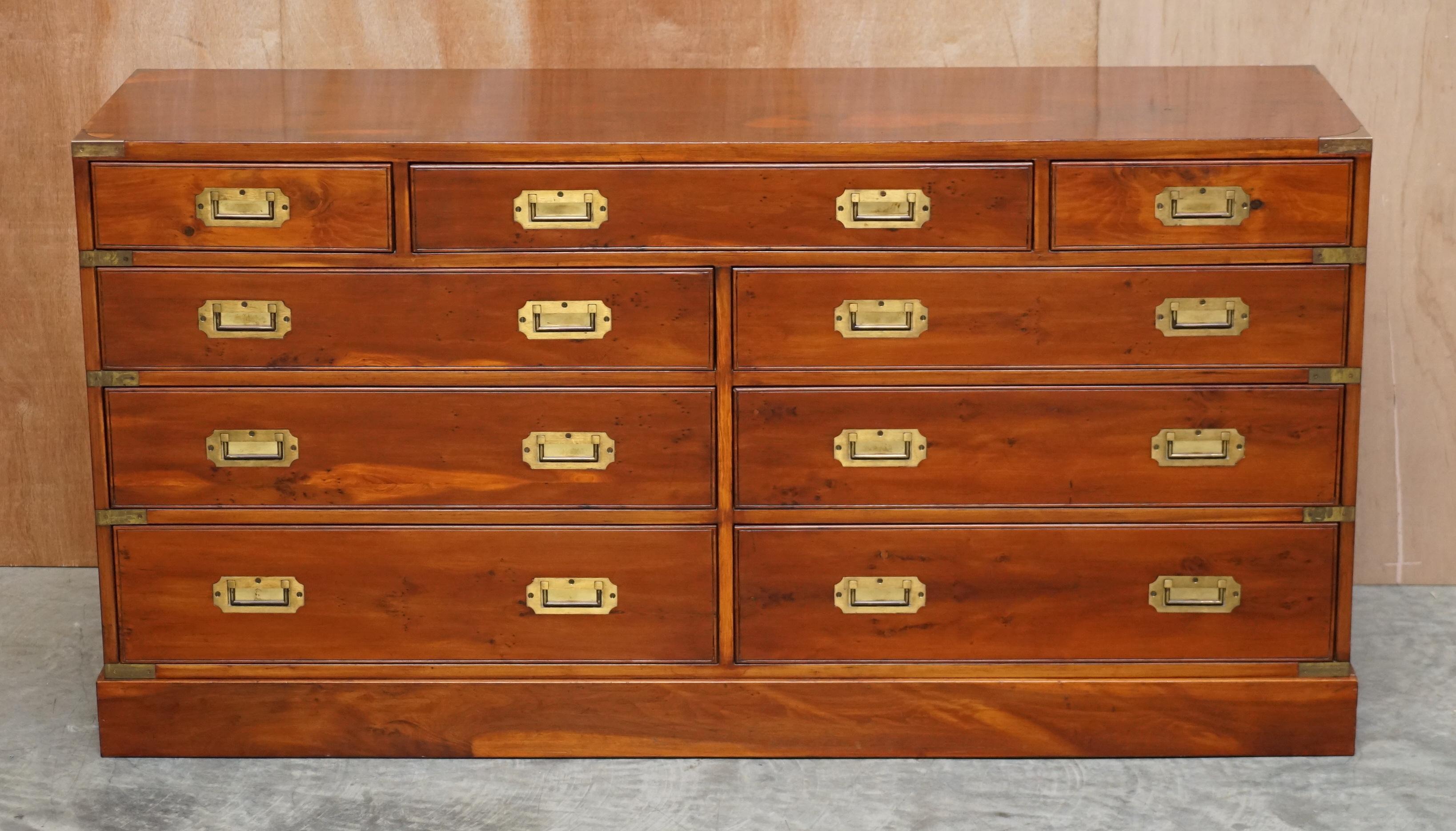 We are delighted to offer for sale this lovely Burr Yew wood & Brass mounted Military Campaign sideboard bank of drawers

A very good looking and decorative sideboard, Campaign furniture has been highly coveted for over 140 years, this is a rather