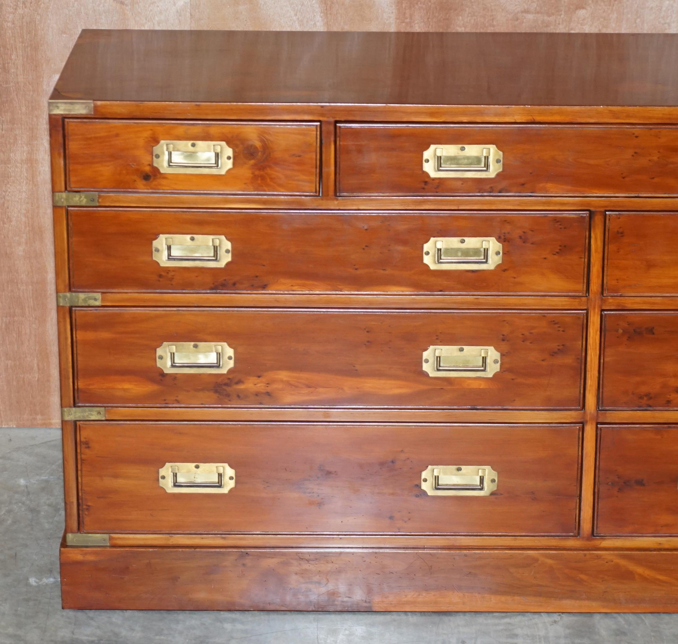English Stunning Burr Yew Wood & Brass Military Campaign Sideboard / Chest of Drawers