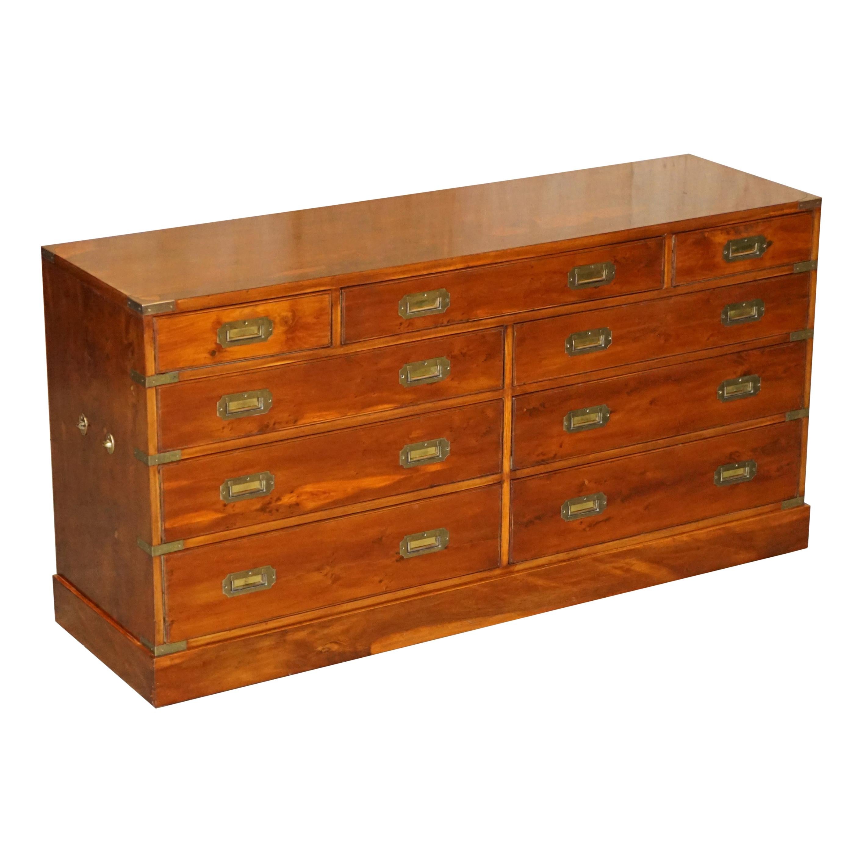 Stunning Burr Yew Wood & Brass Military Campaign Sideboard / Chest of Drawers