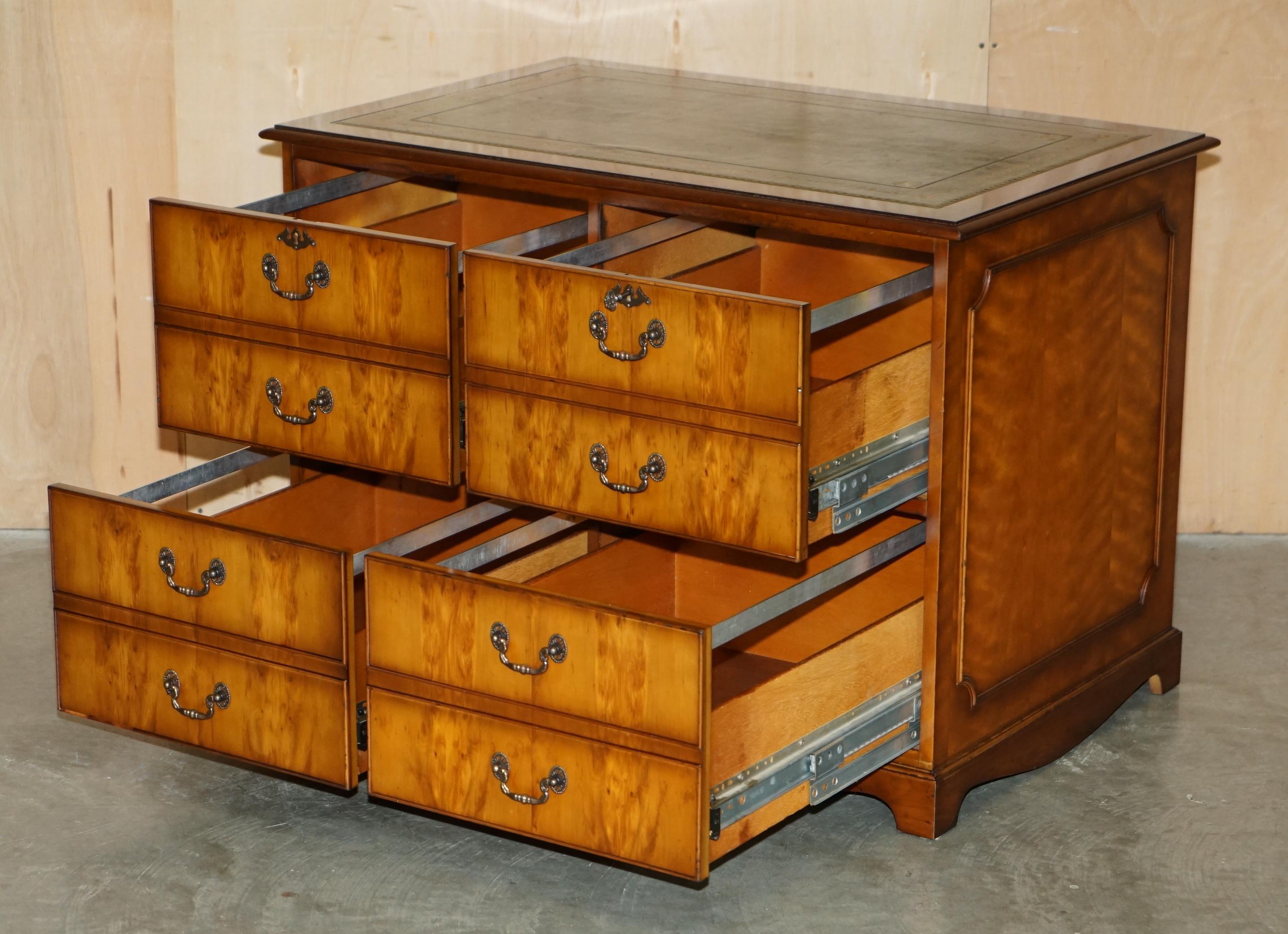 STUNNING BURR YEW WOOD GREEN LEATHER EXTRA LARGE QUAD DRAWERS FILING CABiNET For Sale 6