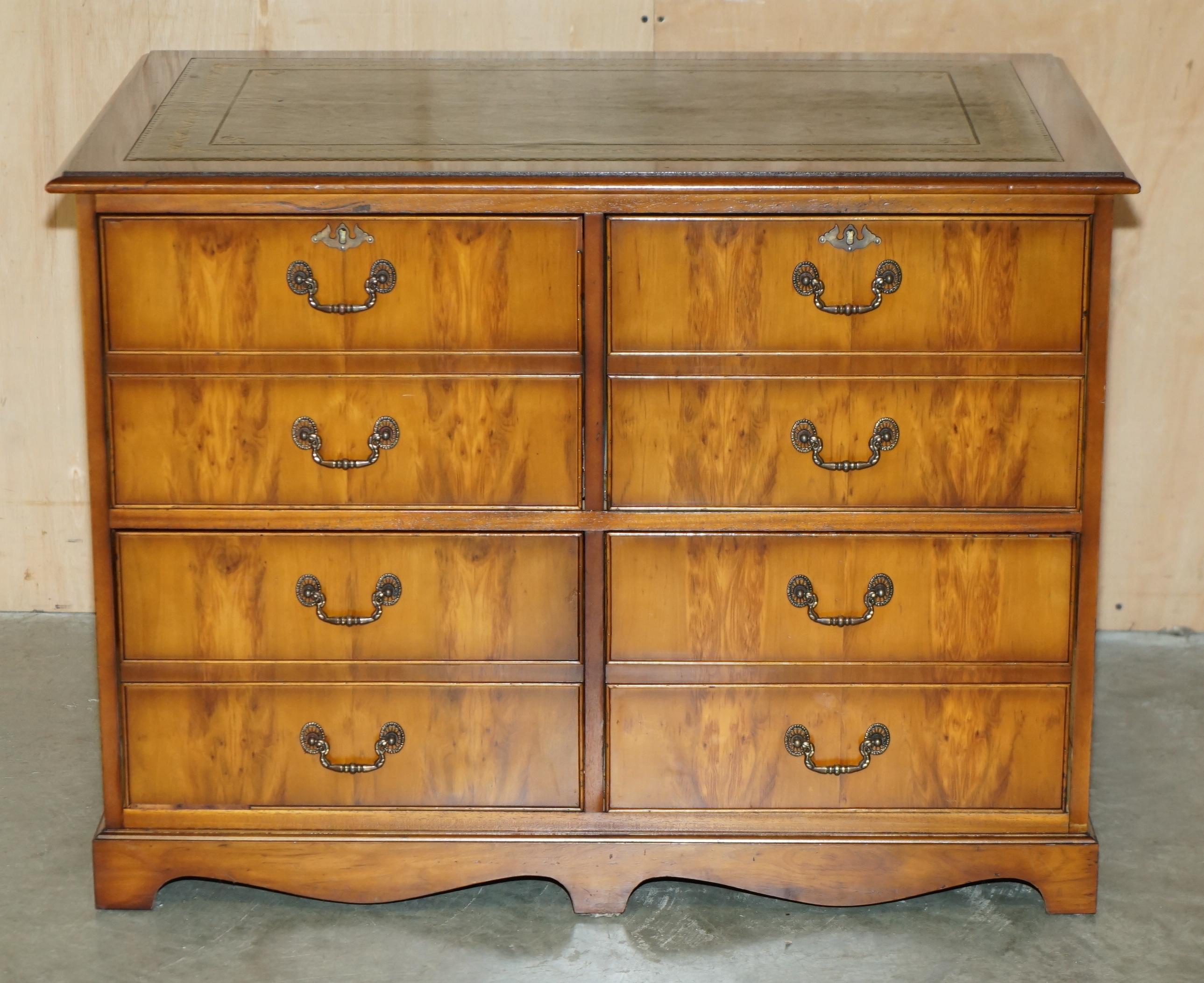 Art Deco STUNNING BURR YEW WOOD GREEN LEATHER EXTRA LARGE QUAD DRAWERS FILING CABiNET For Sale