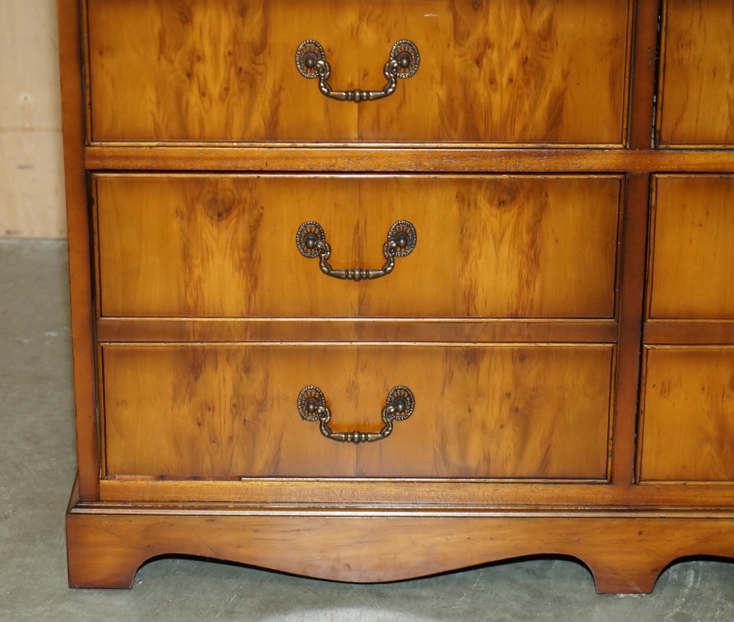 Hand-Crafted STUNNING BURR YEW WOOD GREEN LEATHER EXTRA LARGE QUAD DRAWERS FILING CABiNET For Sale