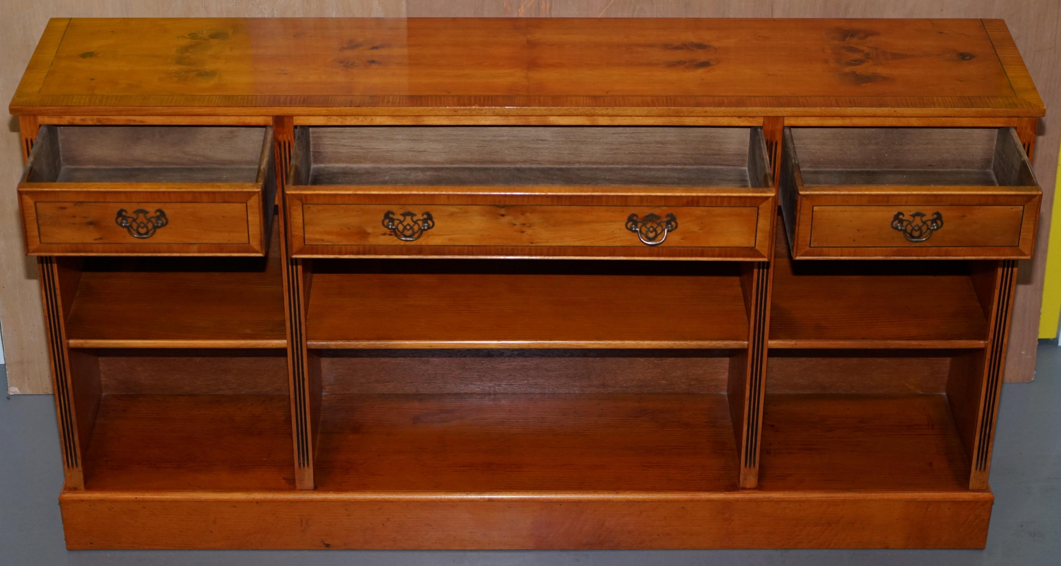 Stunning Burr Yew Wood Library Sideboard with Three Long Drawers and Bookcase 9