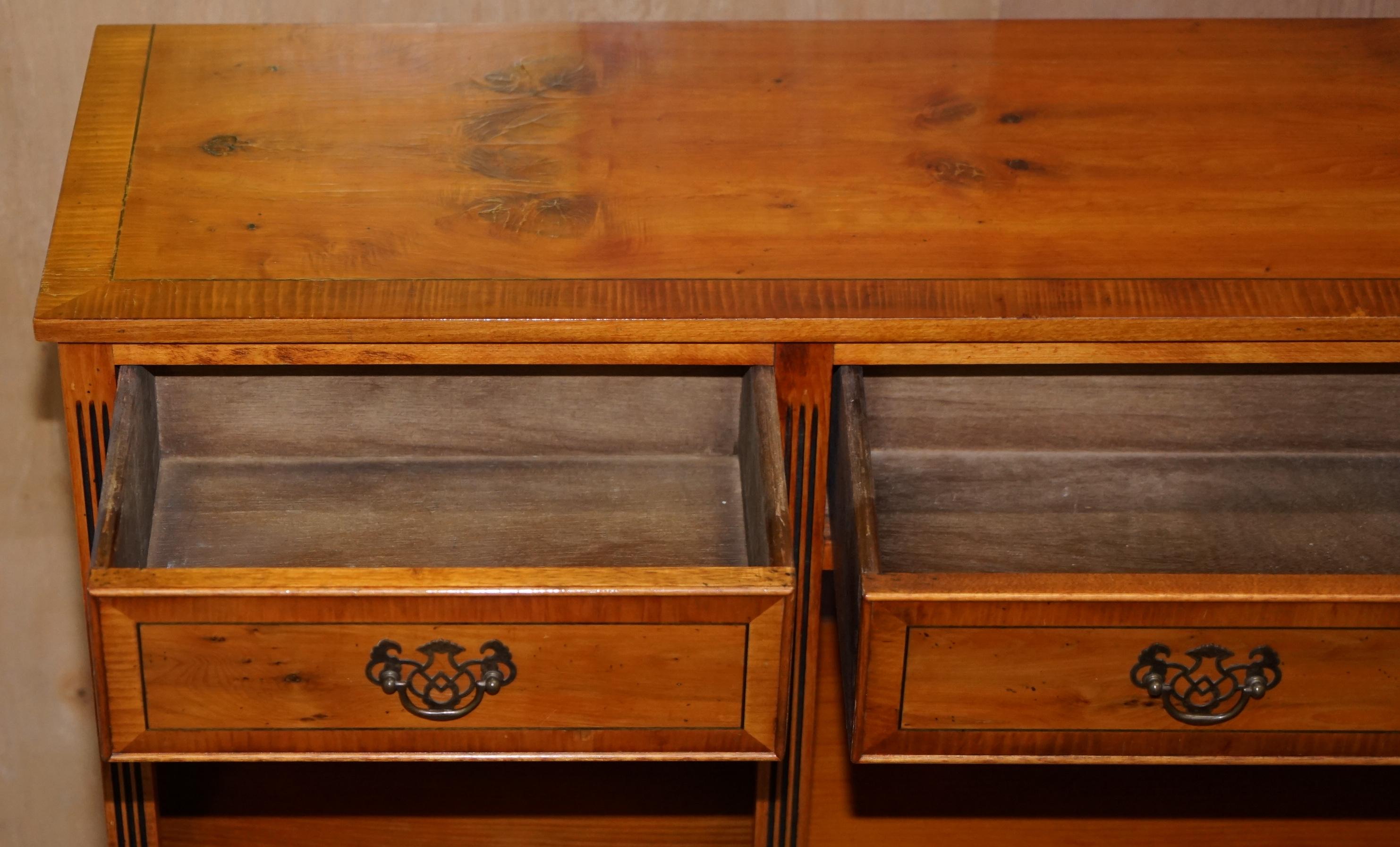 Stunning Burr Yew Wood Library Sideboard with Three Long Drawers and Bookcase 10