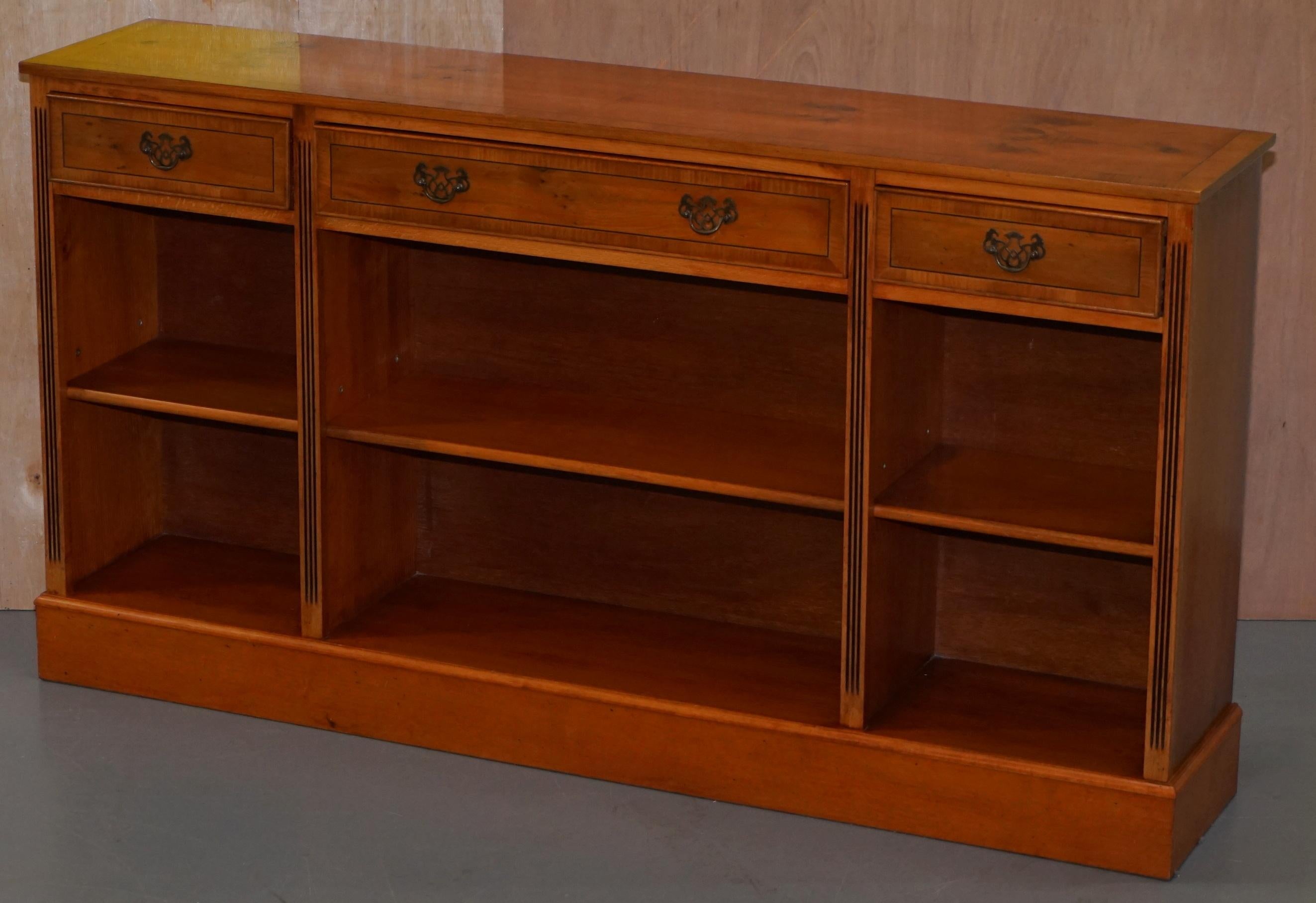 Modern Stunning Burr Yew Wood Library Sideboard with Three Long Drawers and Bookcase