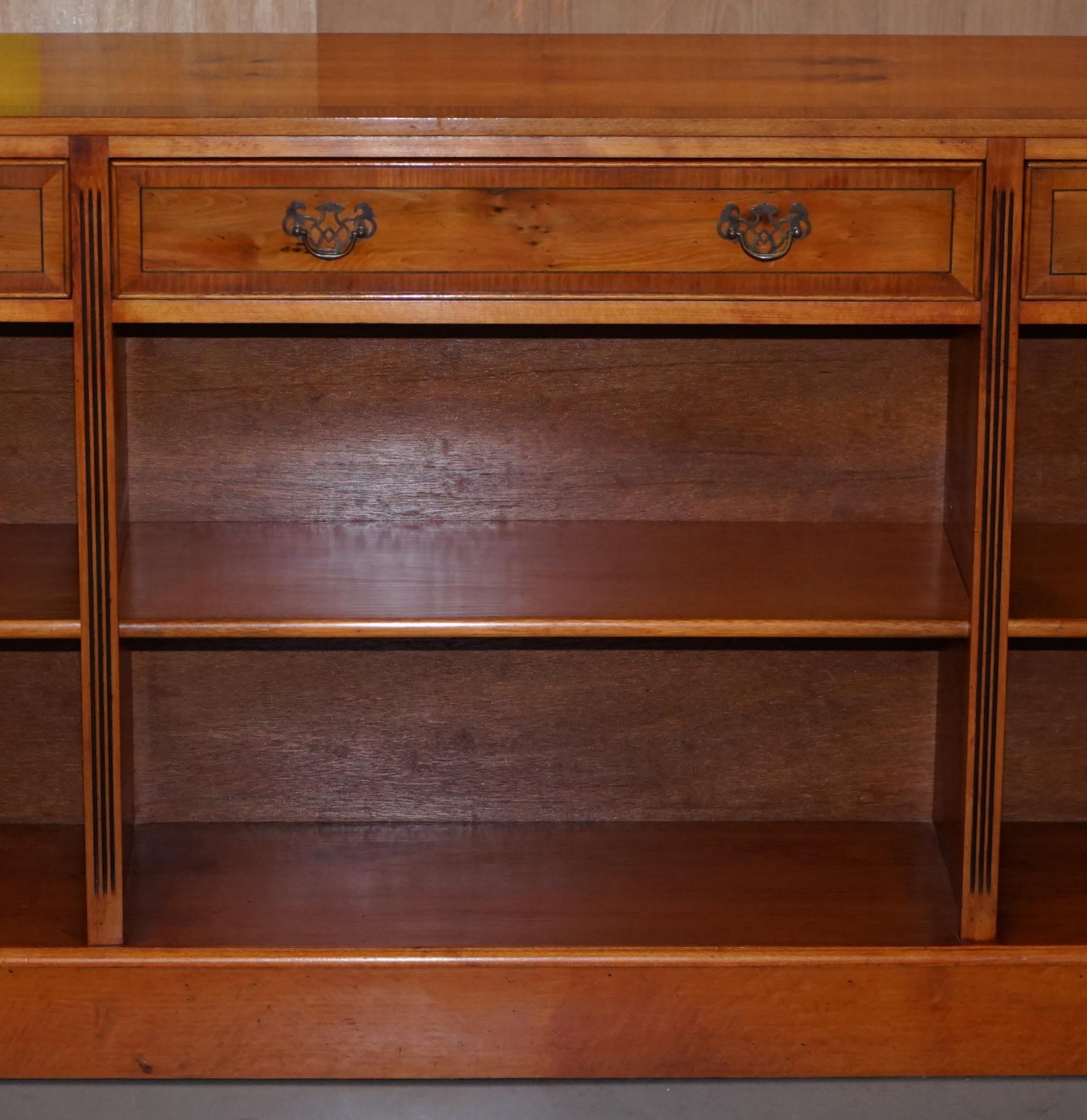 Stunning Burr Yew Wood Library Sideboard with Three Long Drawers and Bookcase 3