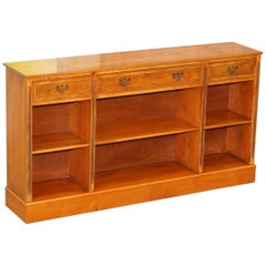 Vintage Stunning Burr Yew Wood Library Sideboard with Three Long Drawers and Bookcase