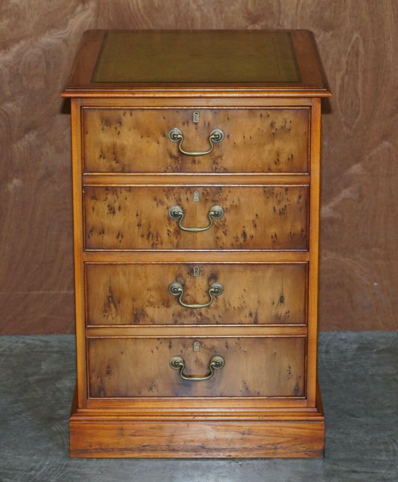 We are delighted to offer for sale this lovely burr yew wood filing cabinet with gold leaf embossed green leather top.

I have another of these listed under my other items in burr walnut.

A truly stunning piece, if burr yew is your thing or